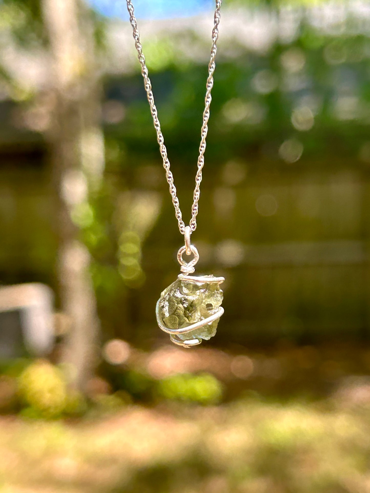 Moldavite Sterling Silver Wire Wrapped Simple Pendant Necklace