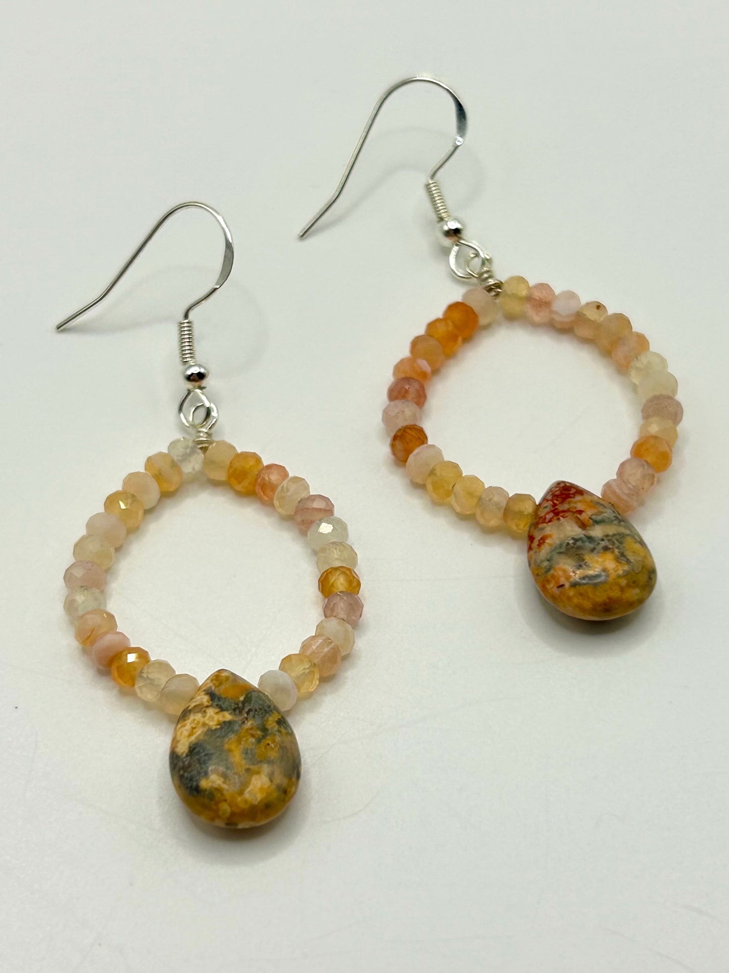 Botswana Agate & Leopard Skin Jasper Gemstone Sterling Silver Dangly Hoop Earrings