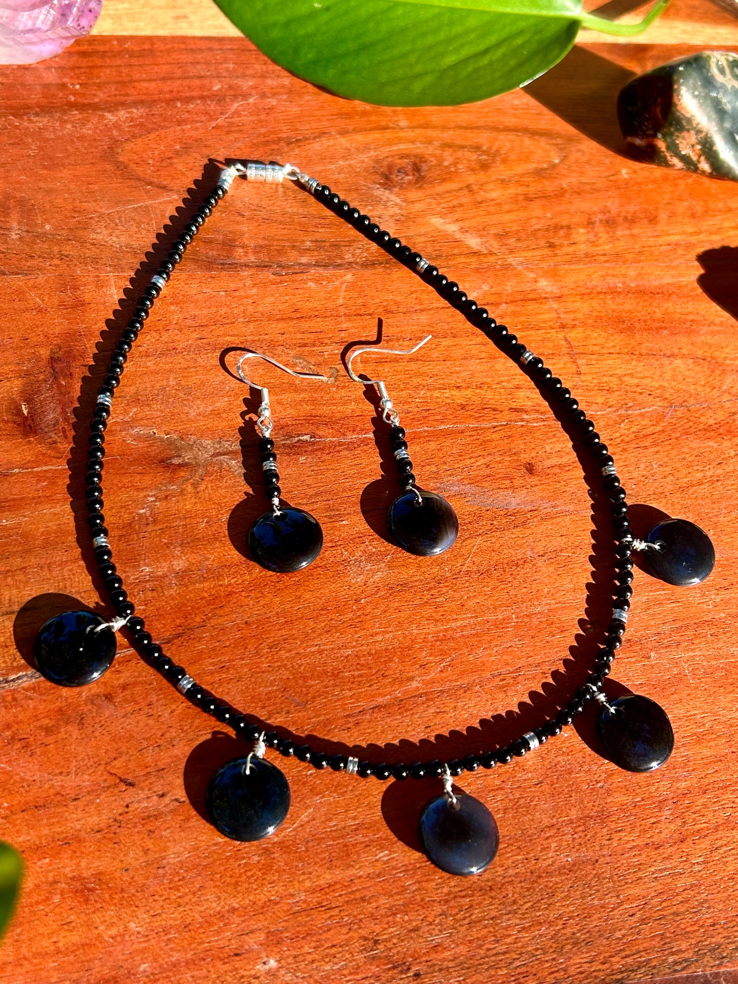 Black Onyx & Black Agate Disc Necklace & Earrings Set