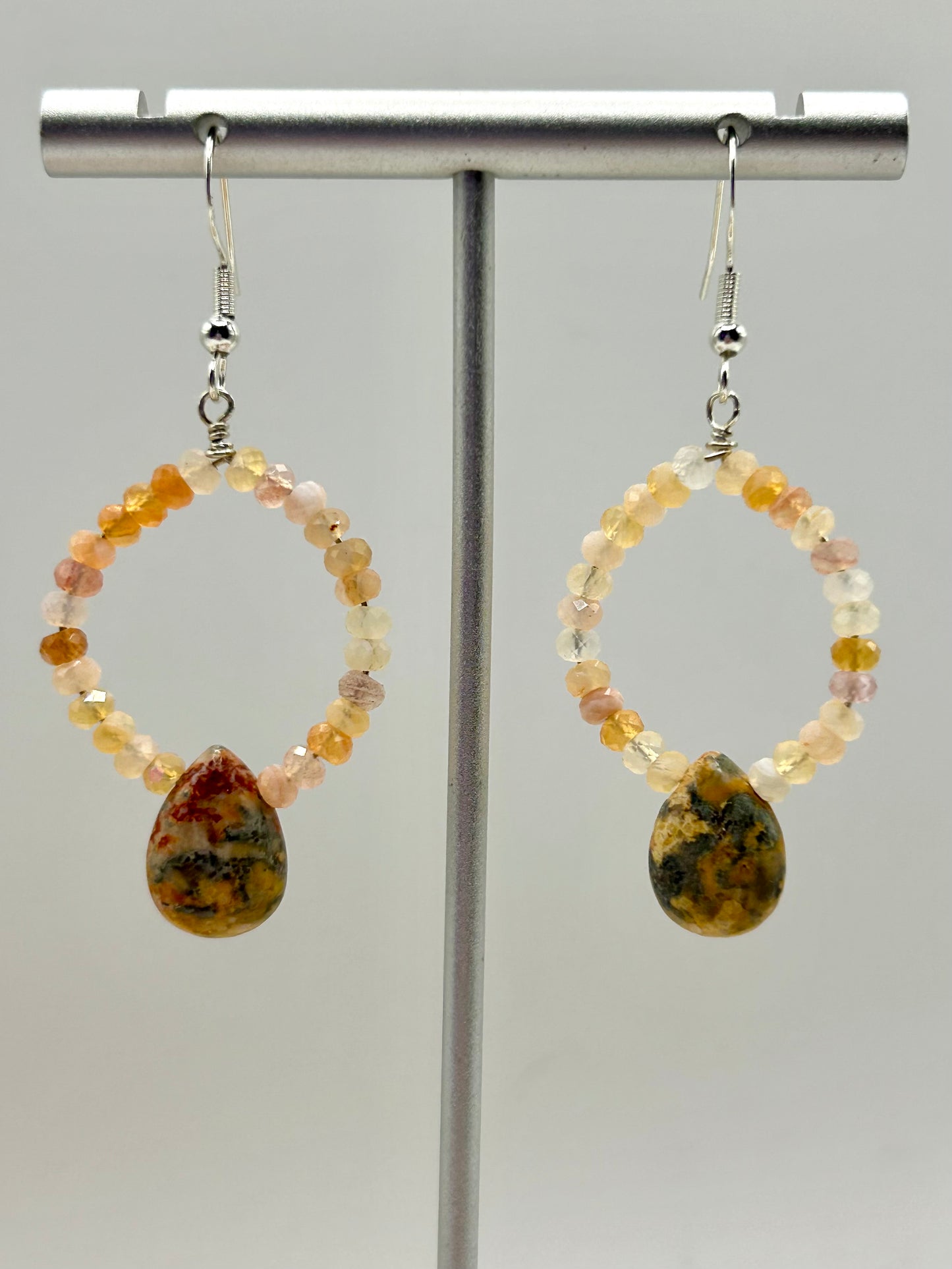 Botswana Agate & Leopard Skin Jasper Gemstone Sterling Silver Dangly Hoop Earrings