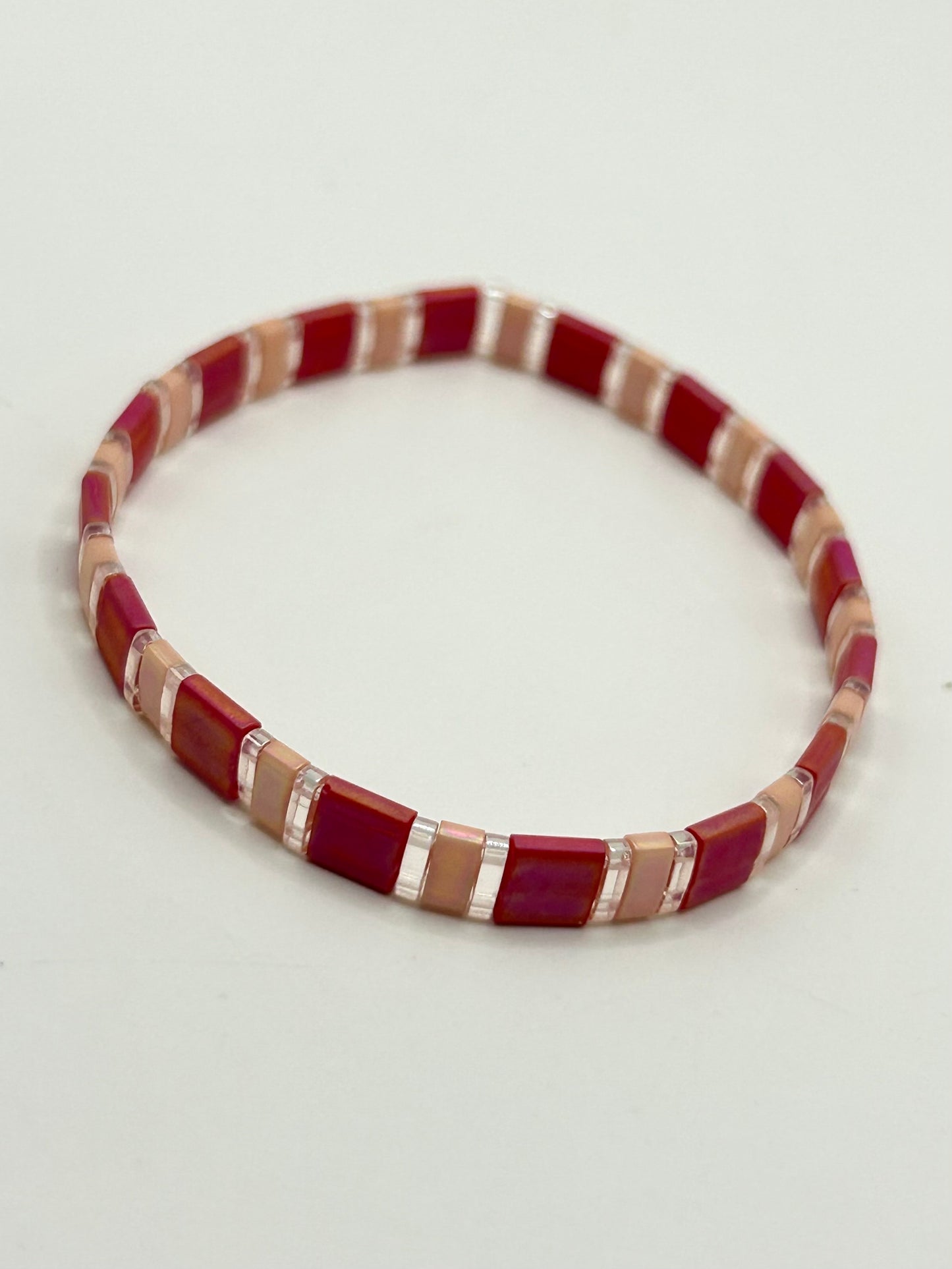 Raspberry Bloom Tila Glass Bead Elastic Bracelet Collection