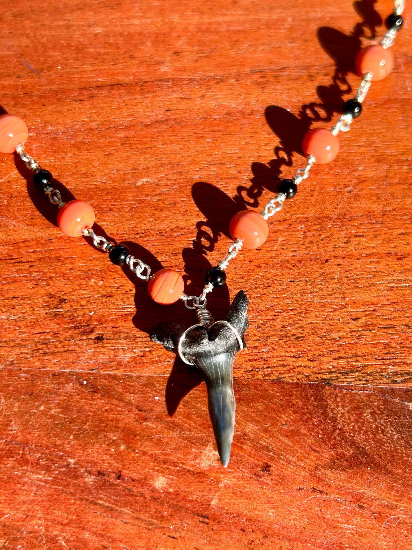 Shark Tooth Fossil with Coral & Black Onyx Sterling Silver Chain Link Wire Wrapped Necklace