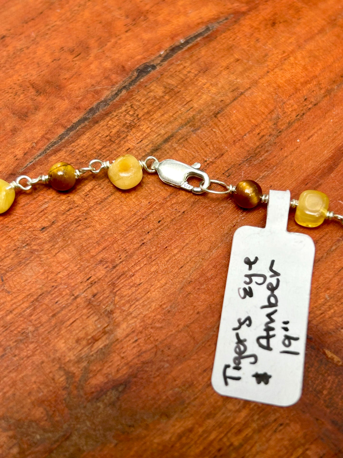 Chanterelle Mushroom with Amber & Tiger’s Eye Gemstone Sterling Silver Chain Link Wire Wrapped Necklace