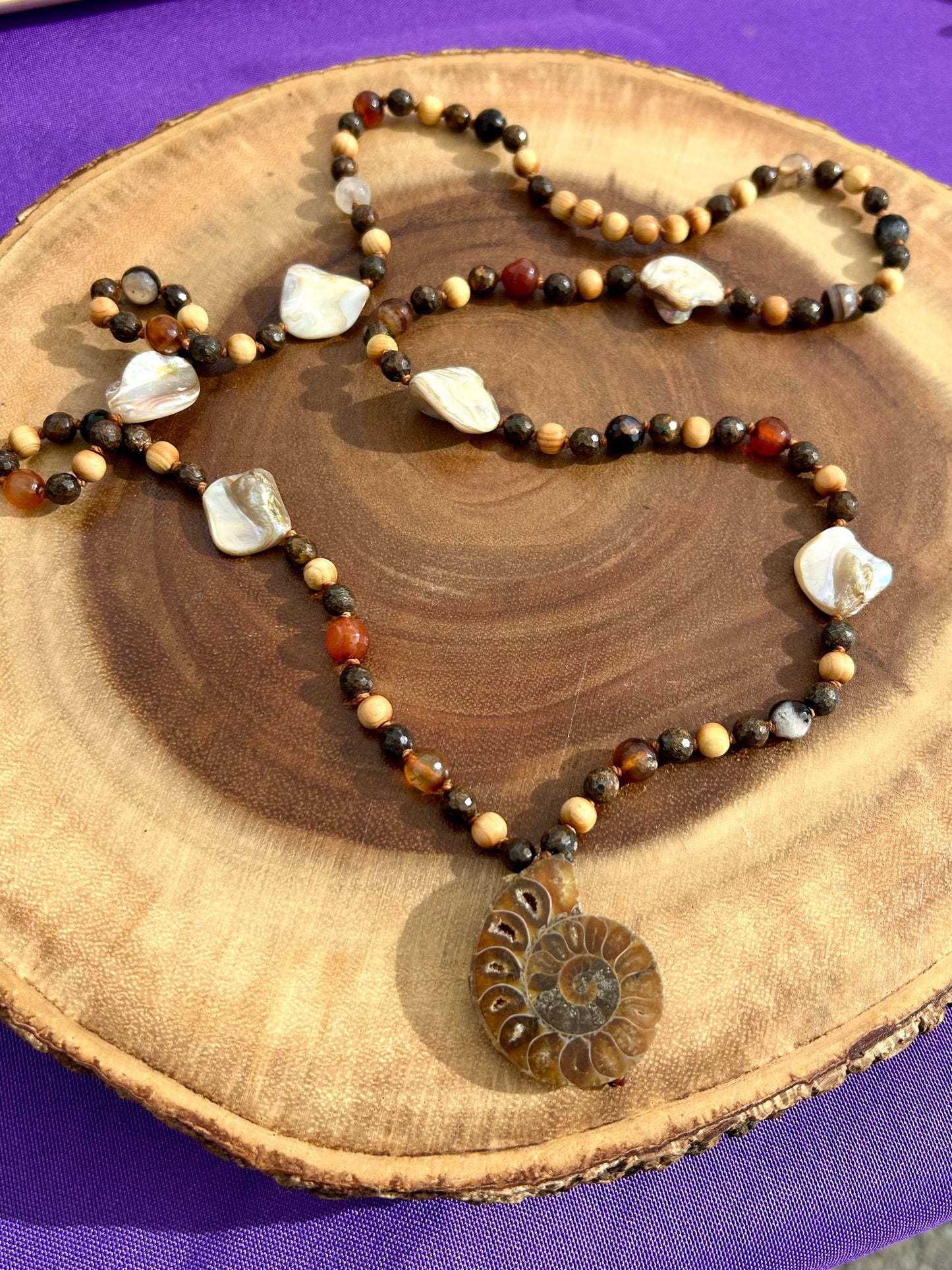 Ammonite, Bronzite, Agate, Pearl & Cedar Wood Hand Knotted Mala Beads Necklace