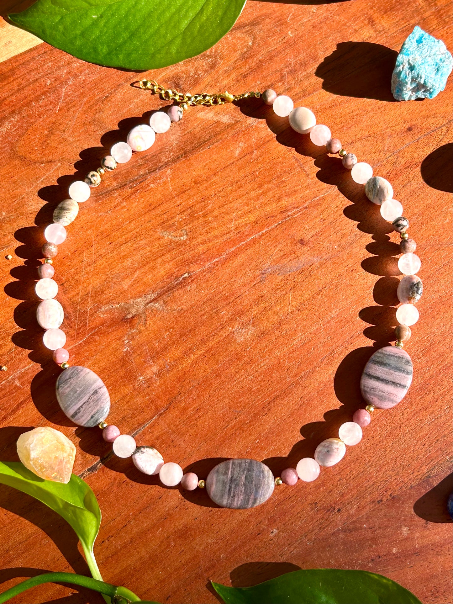 Pink Zebra Jasper, Rose Quartz, Pink Opal & Rhodonite with Gold Accents Beaded Necklace