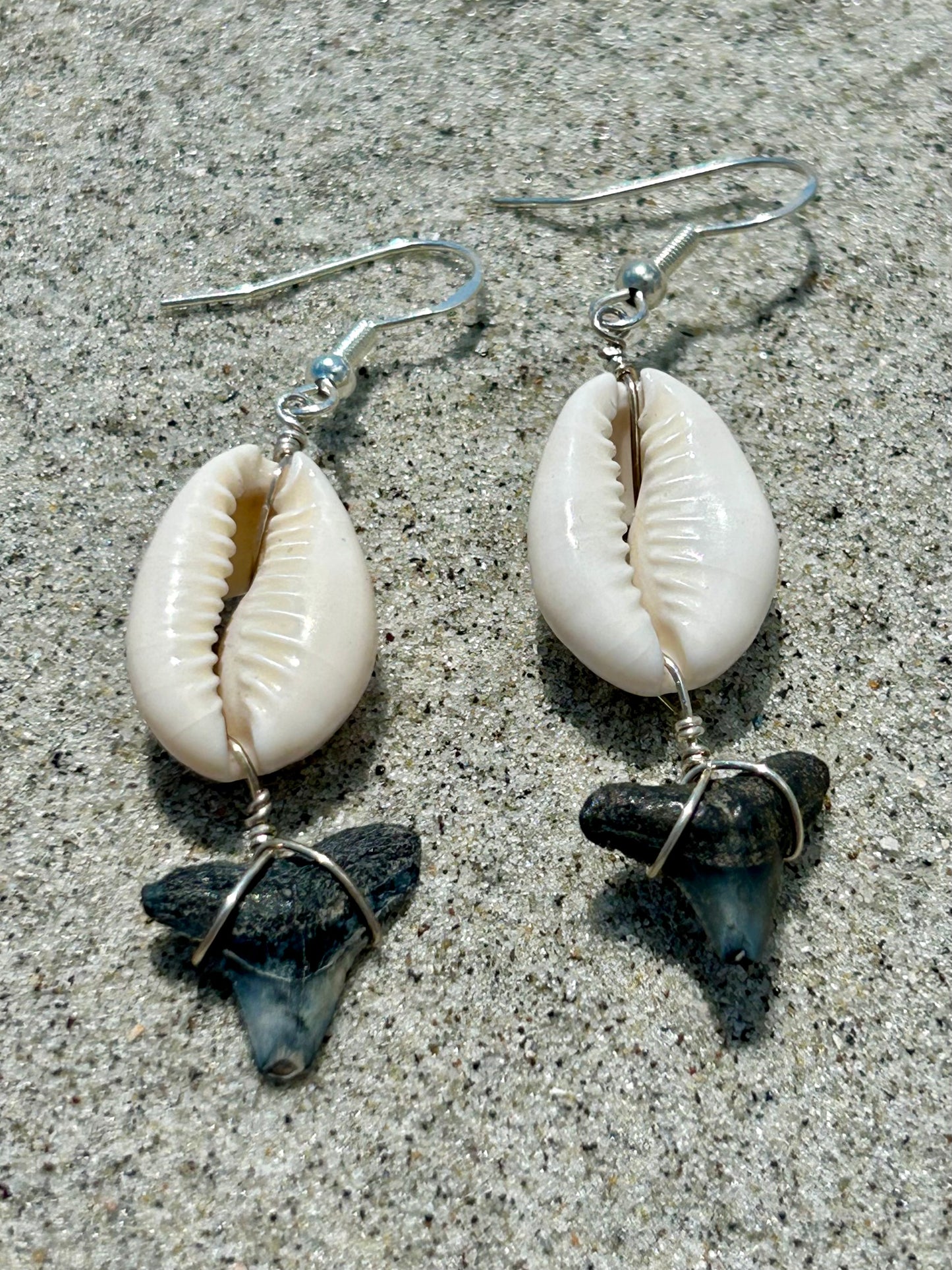 Shark Tooth Fossil with Cowrie Shell Gemstone Sterling Silver Dangly Earrings