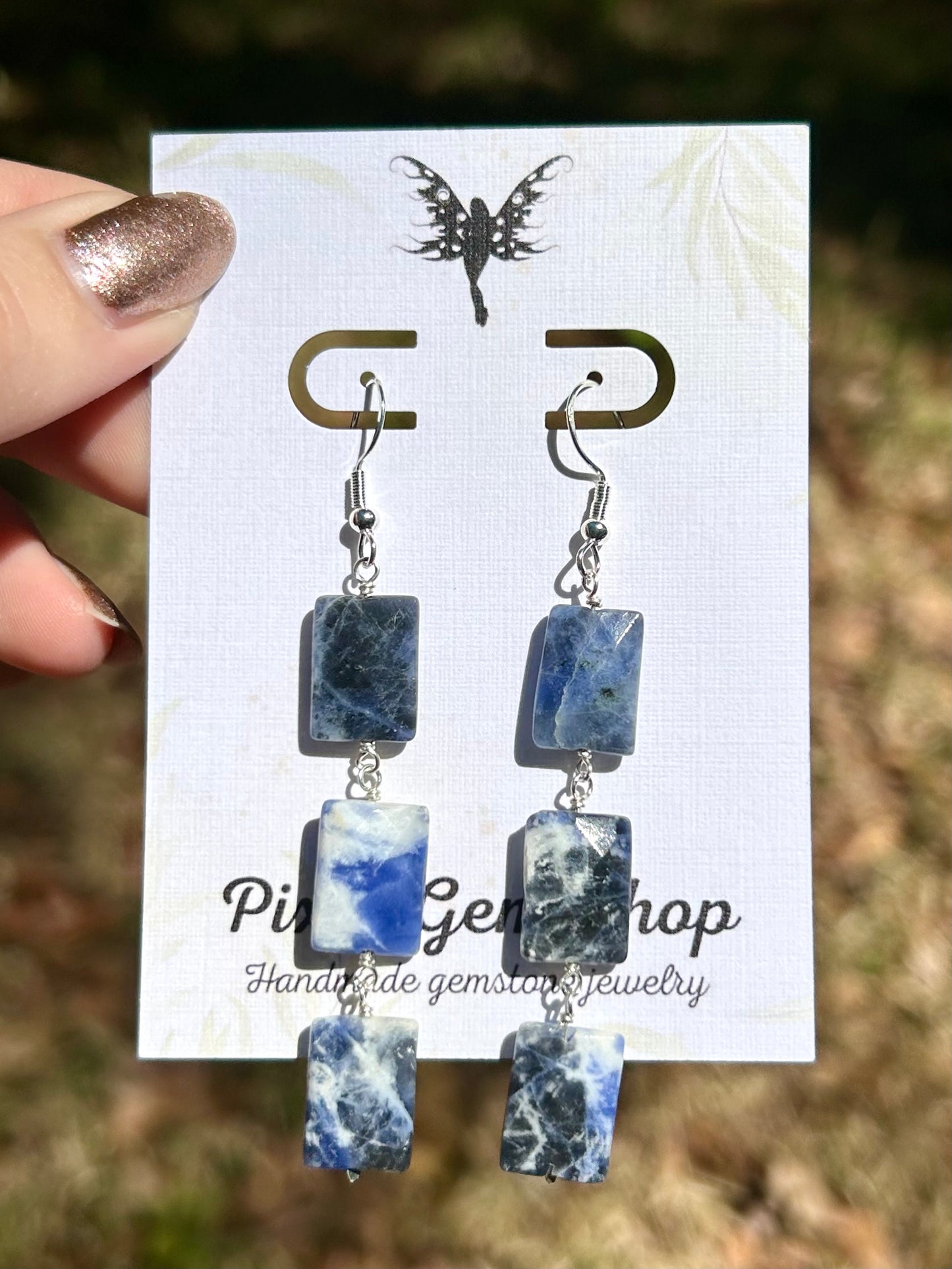 Sodalite Triple Rectangles Gemstone Sterling Silver Dangly Earrings