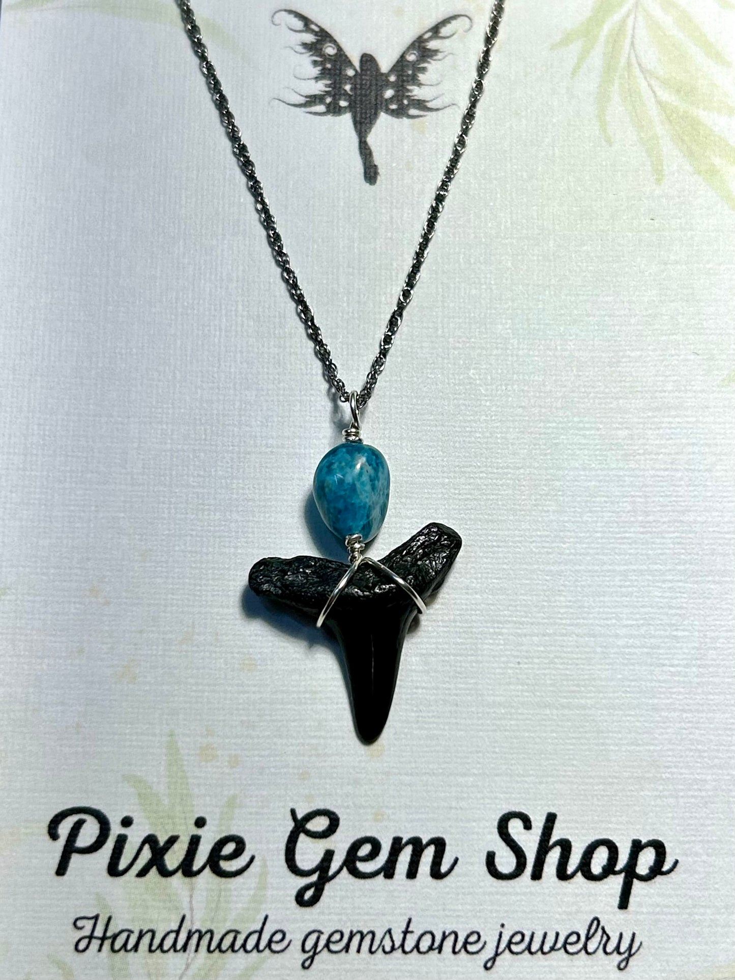 Shark Tooth Fossil & Gemstone Pendant Simple Sterling Silver Chain Necklace (Ruby/Carnelian/Jade/Apatite/Lapis Lazuli/Ametrine/Pearl)