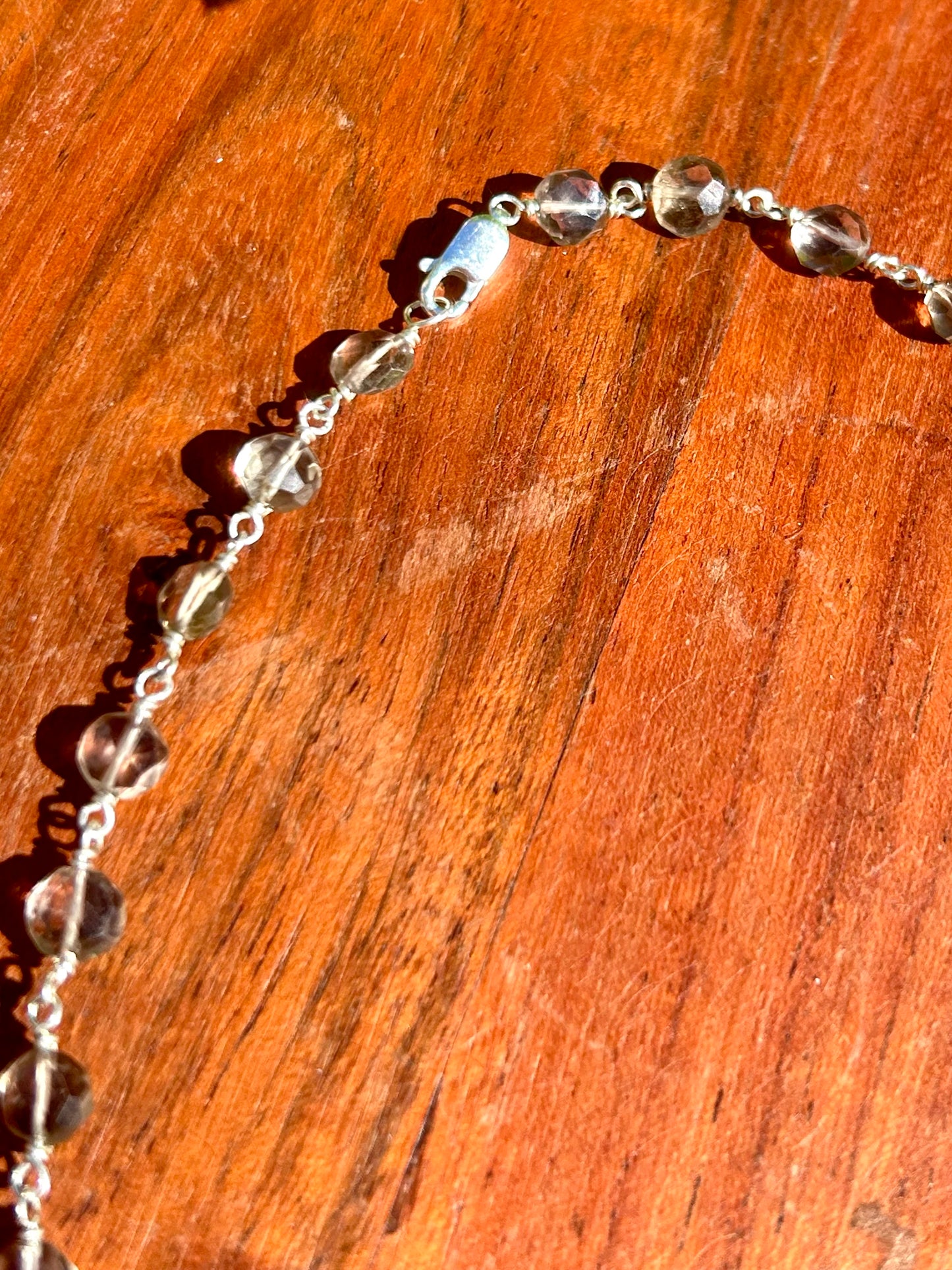 Smoky Quartz Gemstone Sterling Silver Chain Link Wire Wrapped Necklace