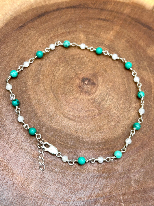 Turquoise & Moonstone Chain Link Gemstone 925 Sterling Silver Anklet