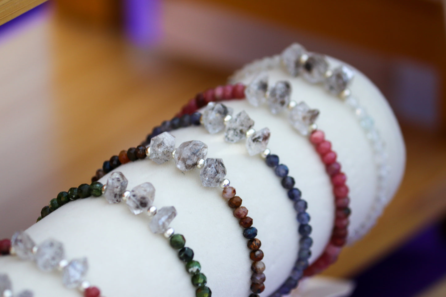 Genuine Herkimer Diamond Gemstone Beaded Bracelet with 925 Sterling Silver Spacer Beads (Iolite/Pietersite/Alalite/Topaz/Rhodonite)