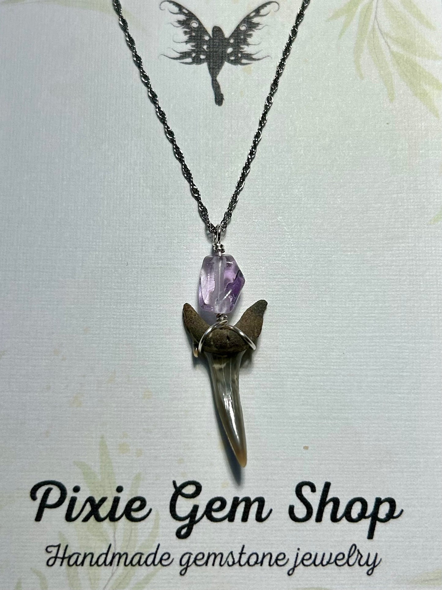 Shark Tooth Fossil & Gemstone Pendant Simple Sterling Silver Chain Necklace (Ruby/Carnelian/Jade/Apatite/Lapis Lazuli/Ametrine/Pearl)