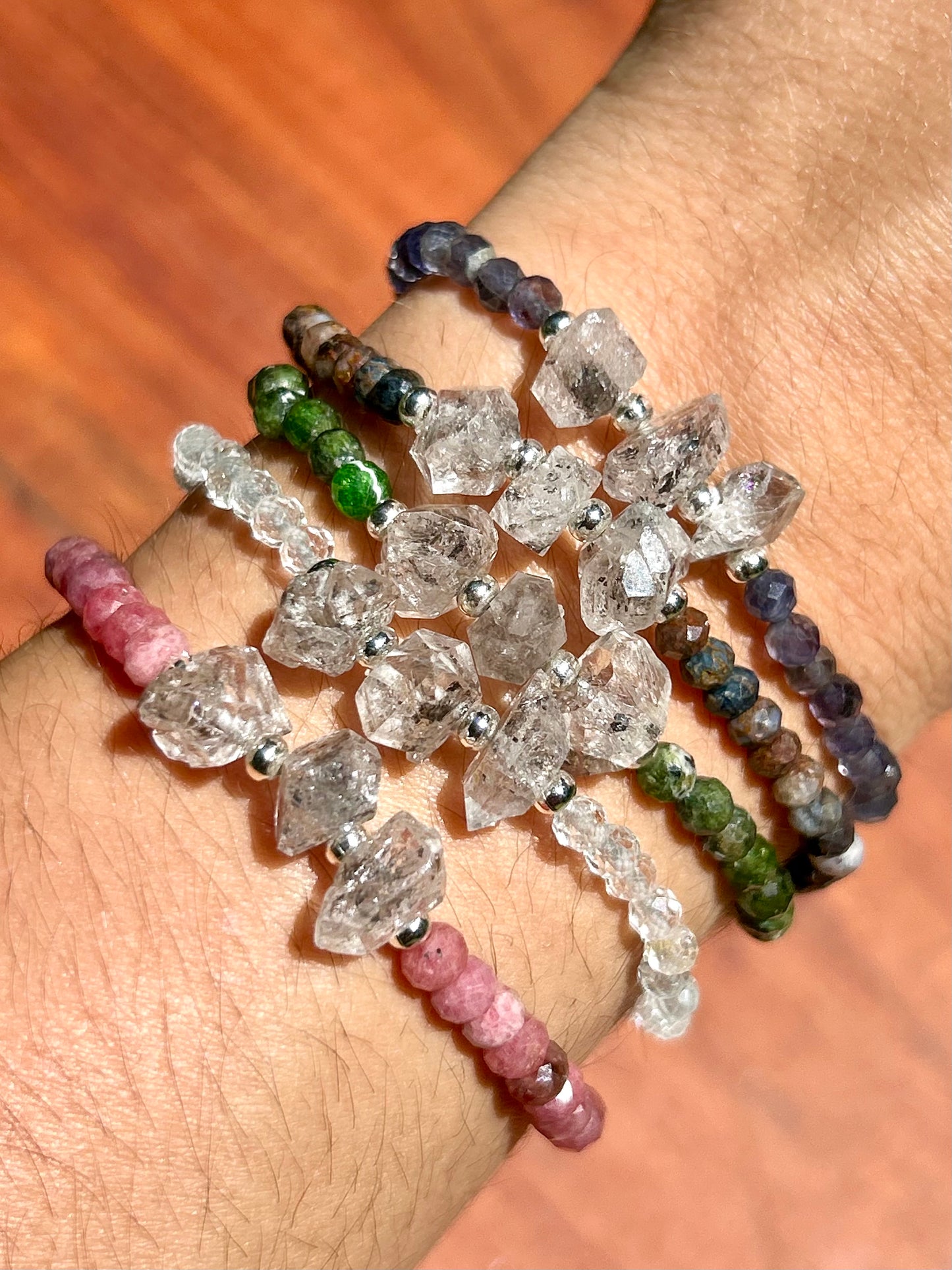 Genuine Herkimer Diamond Gemstone Beaded Bracelet with 925 Sterling Silver Spacer Beads (Iolite/Pietersite/Alalite/Topaz/Rhodonite)