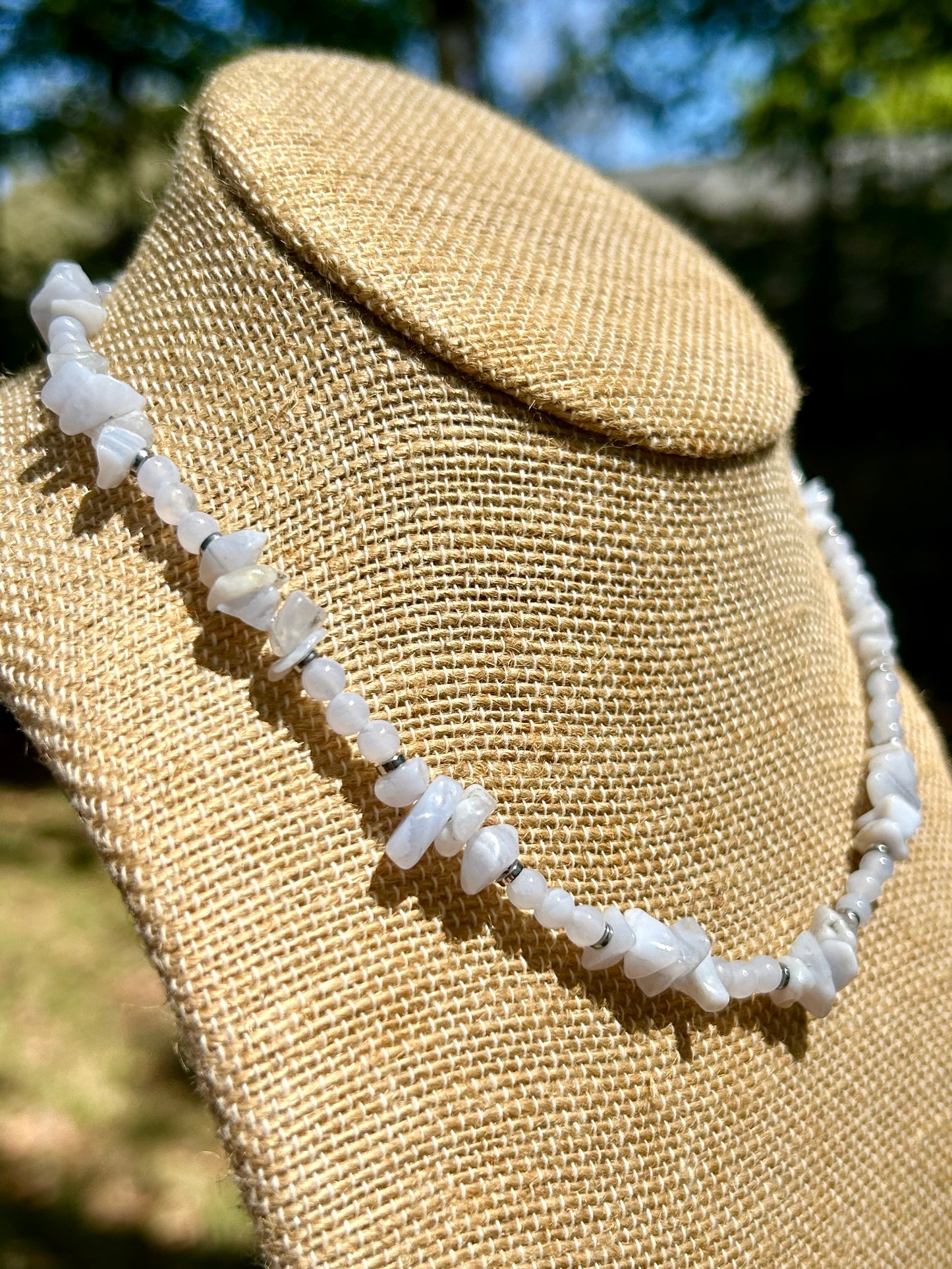 Blue Lace Agate Gemstone Beaded Choker Style Necklace