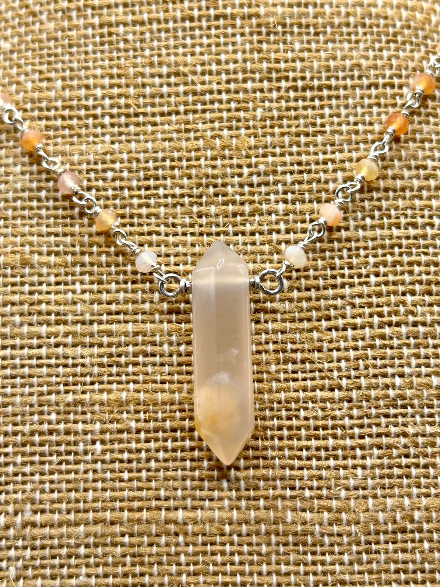 Botswana Agate & Flower Agate Gemstone Sterling Silver Chain Link Wire Wrapped Necklace