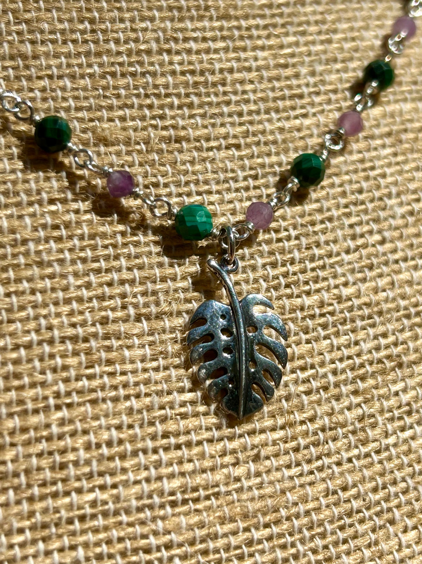 Monstera Leaf with Malachite & Lepidolite Gemstone Sterling Silver Chain Link Wire Wrapped Necklace