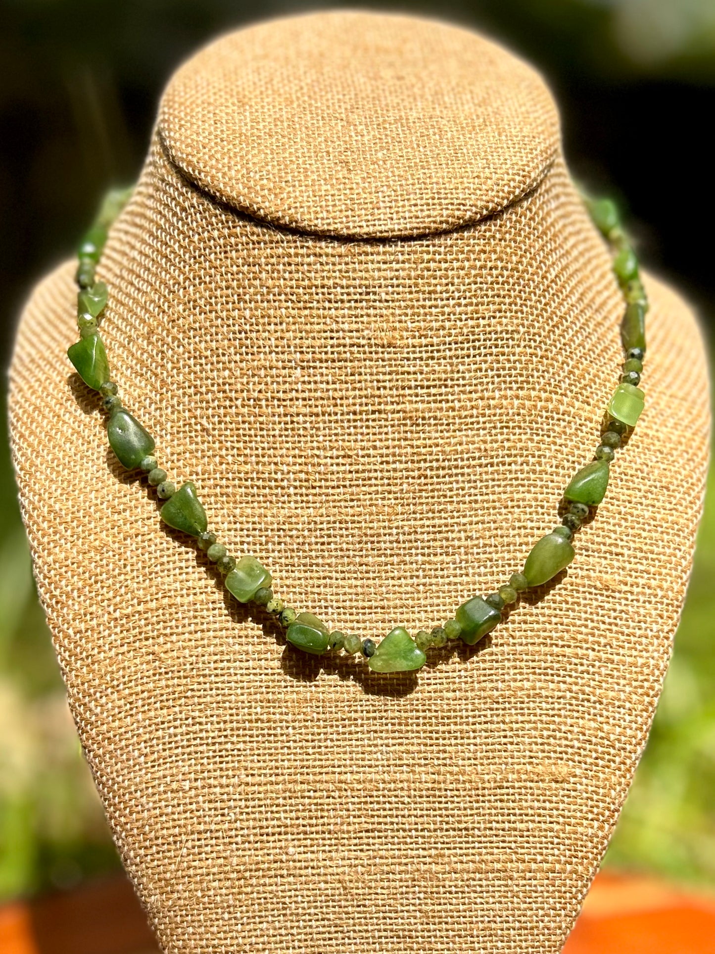 Nephrite Jade Gemstone Beaded Choker Style Necklace Sterling Silver
