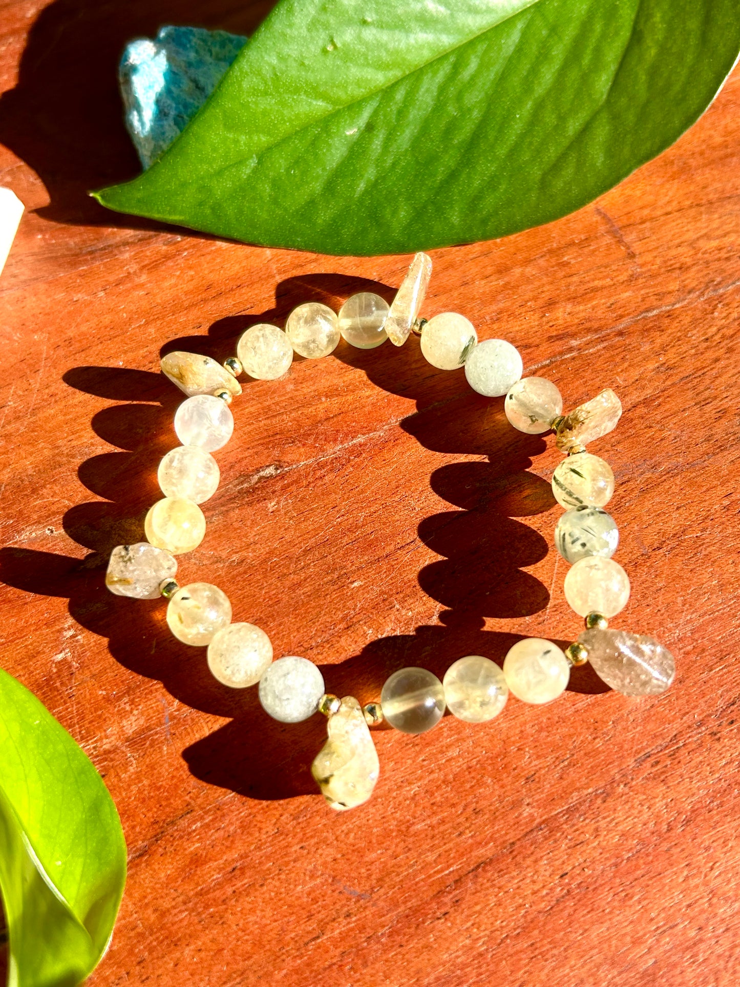 Prehnite & Gold Rutilated Quartz Gemstone Bracelet