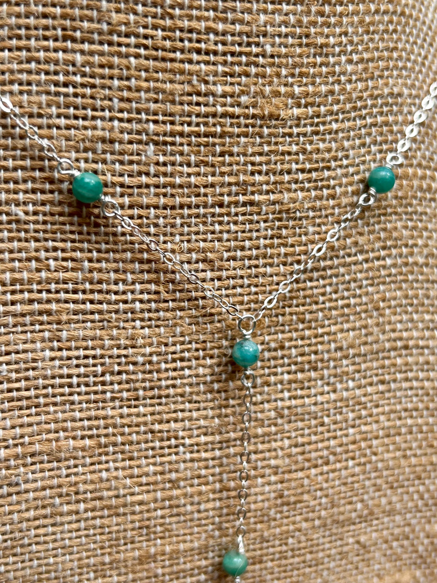 Shark Tooth Fossil with Amazonite Gemstone Sterling Silver Satellite Chain Wire Wrapped Lariat Necklace