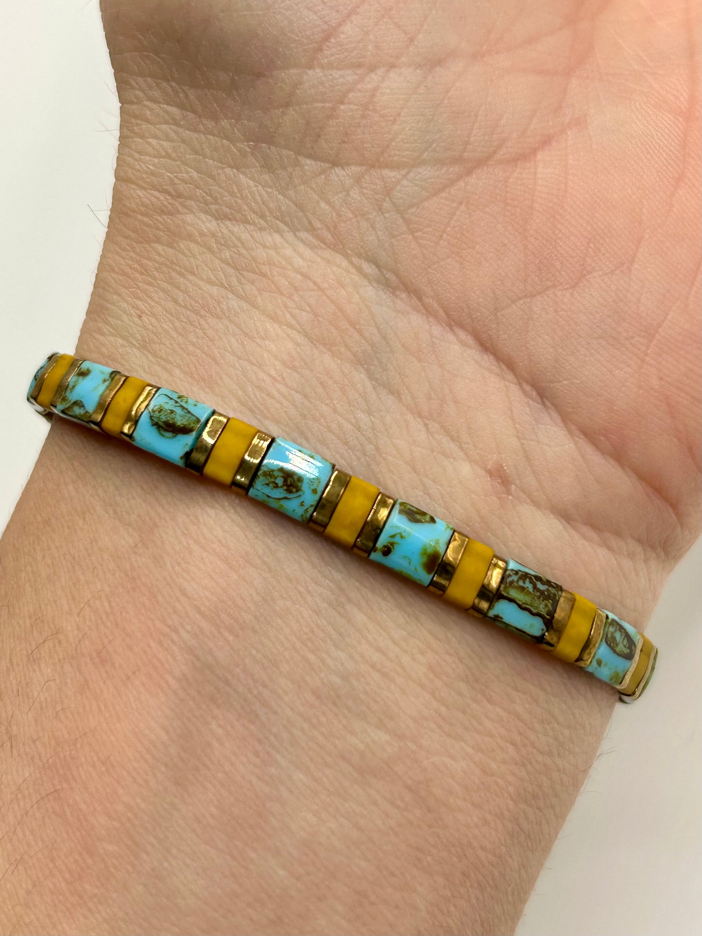 Sunset Turquoise Tila Glass Bead Elastic Bracelet Collection