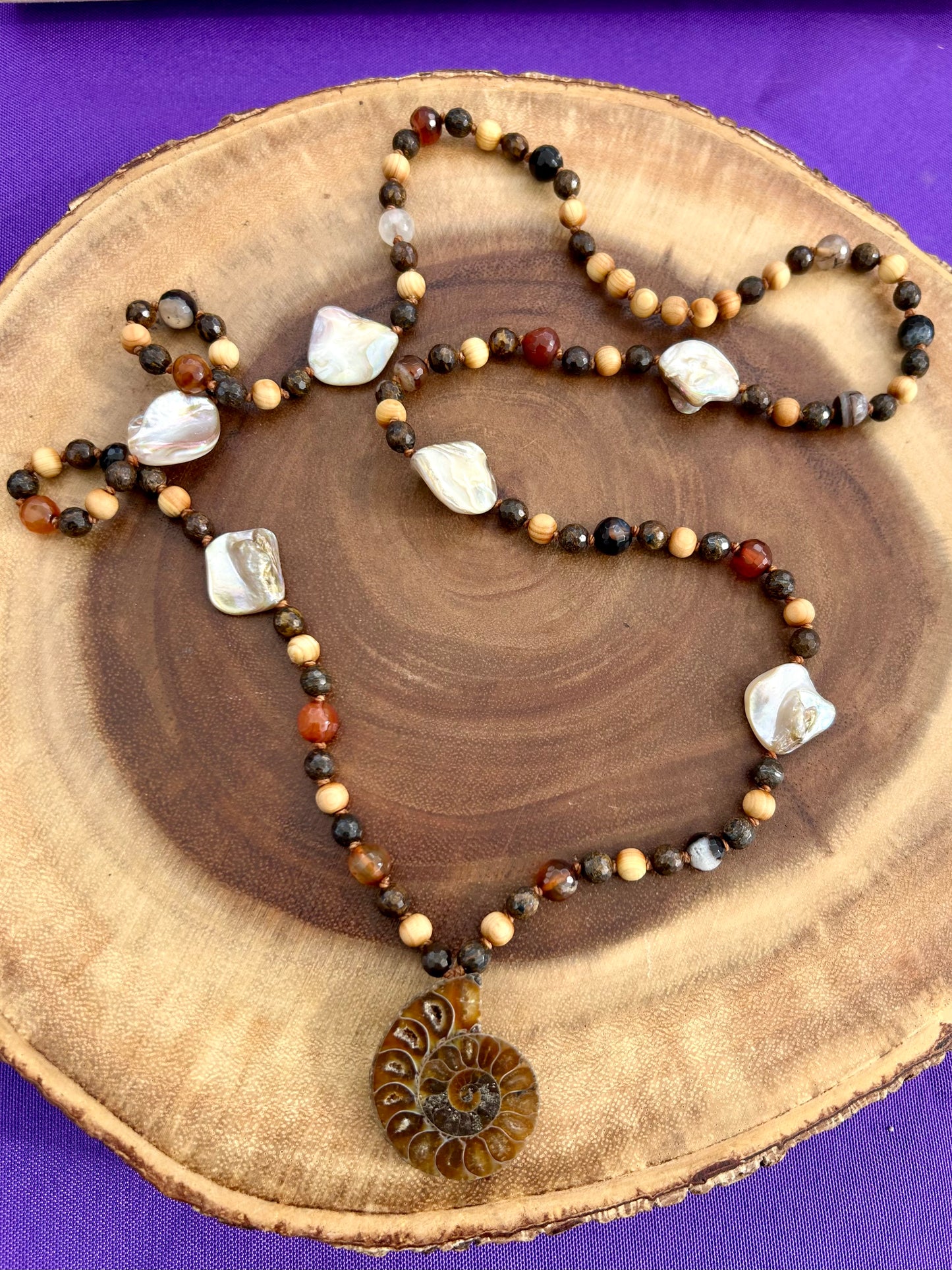 Ammonite, Bronzite, Agate, Pearl & Cedar Wood Hand Knotted Mala Beads Necklace