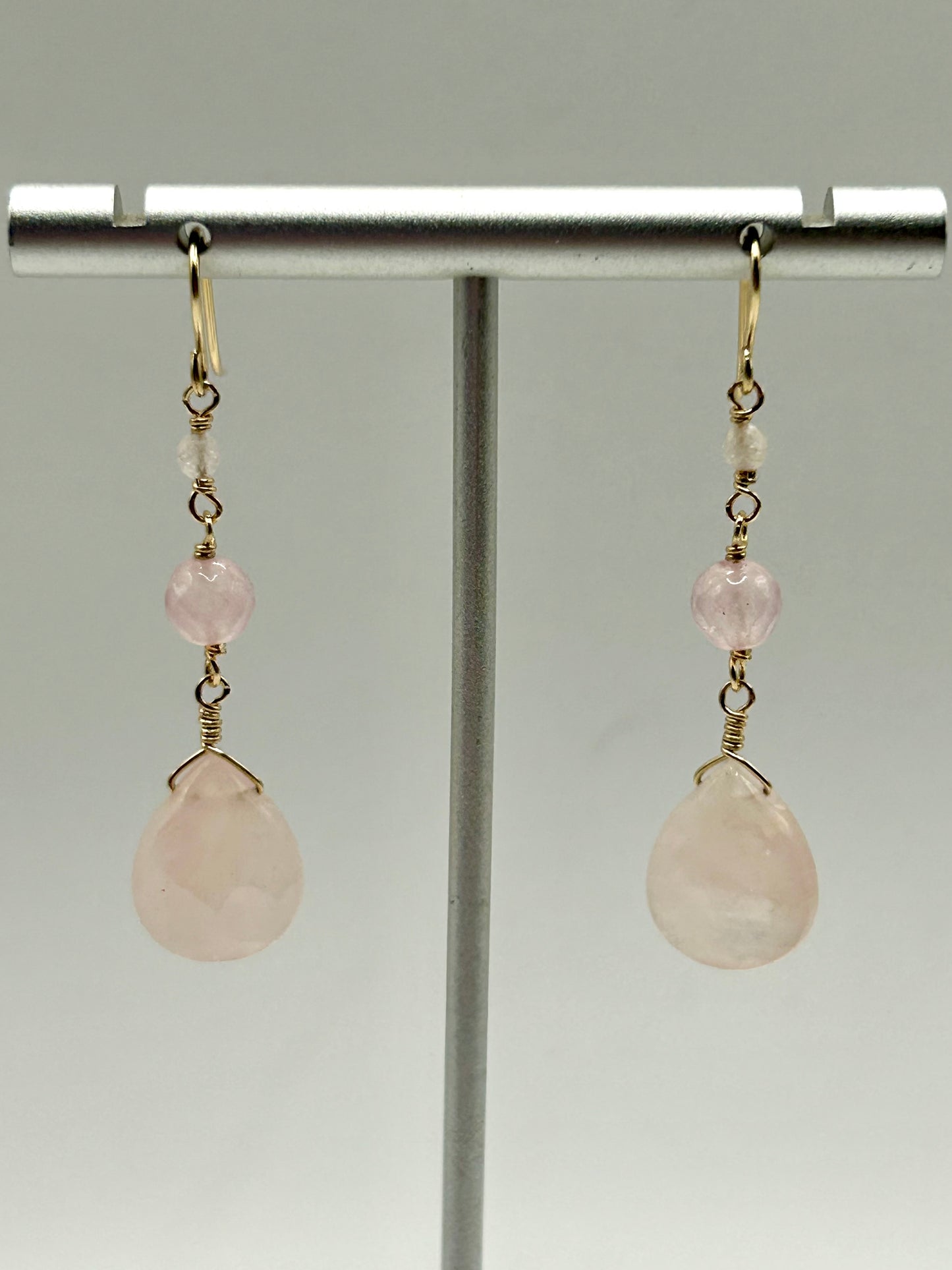 Rose Quartz & Morganite Gemstone 14k Gold Filled Dangly Earrings