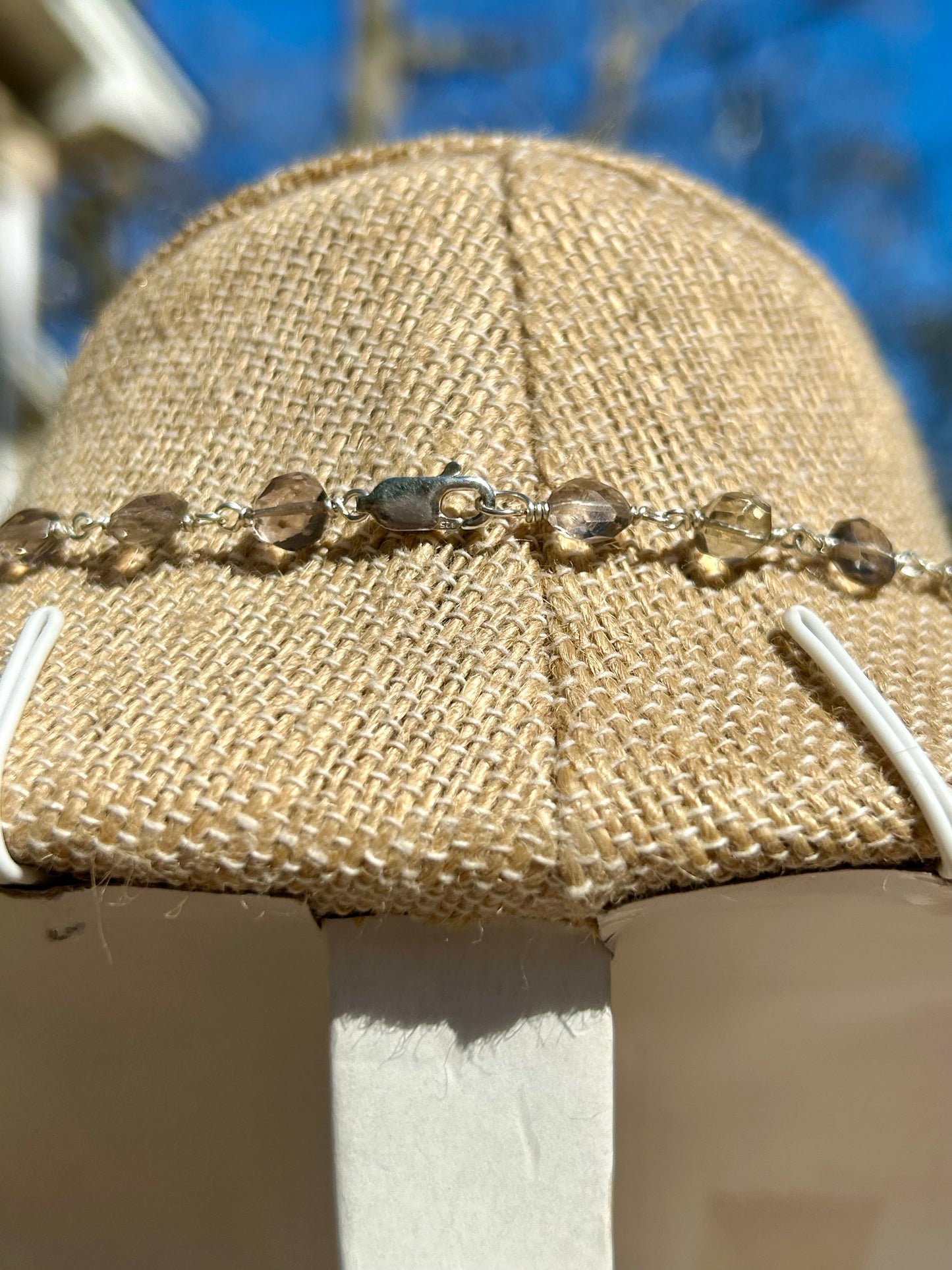 Smoky Quartz Gemstone Sterling Silver Chain Link Wire Wrapped Necklace