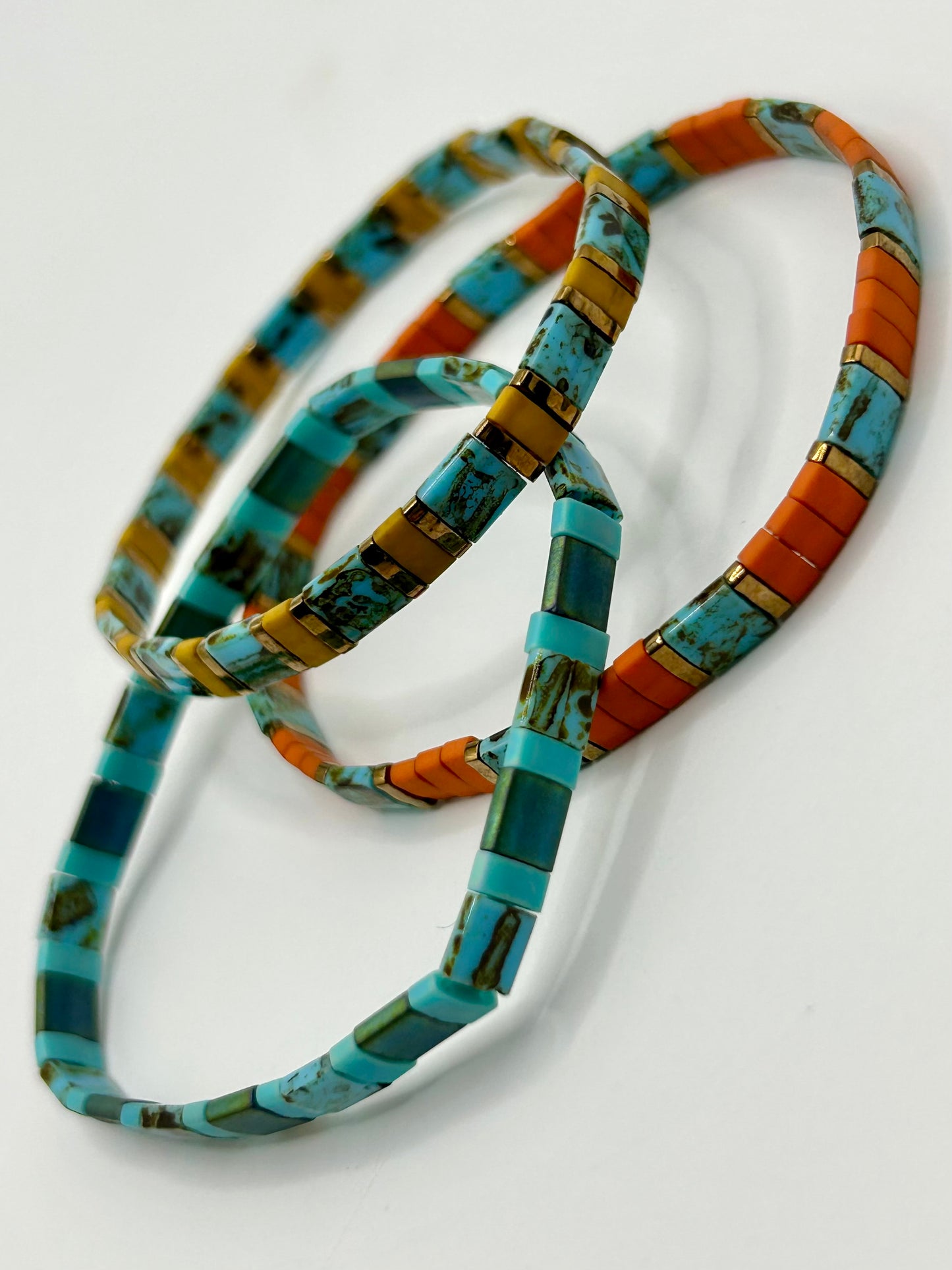Sunset Turquoise Tila Glass Bead Elastic Bracelet Collection