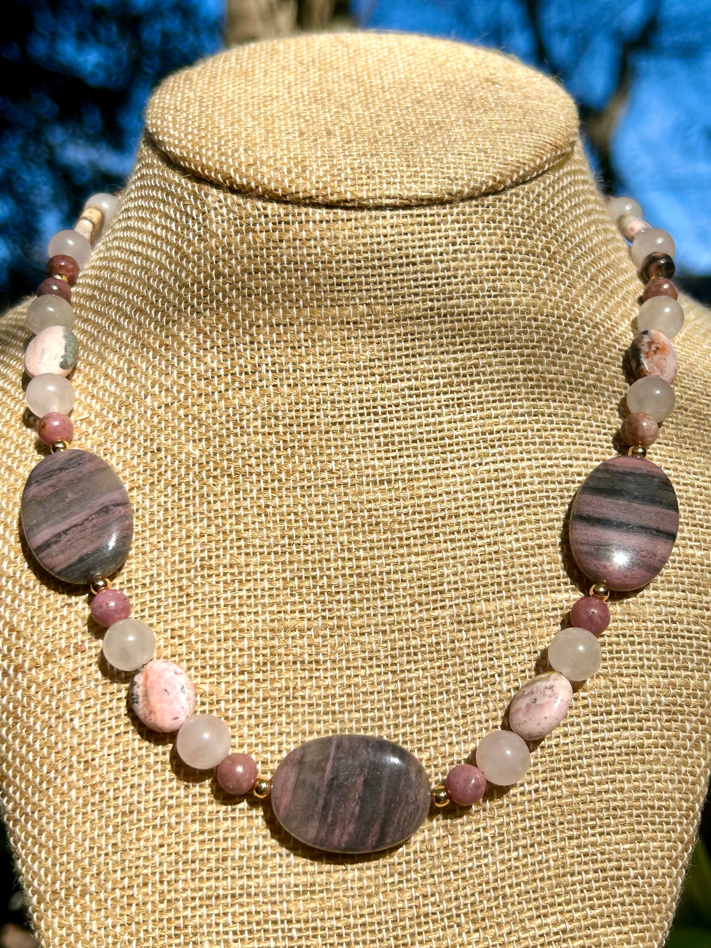 Pink Zebra Jasper, Rose Quartz, Pink Opal & Rhodonite with Gold Accents Beaded Necklace