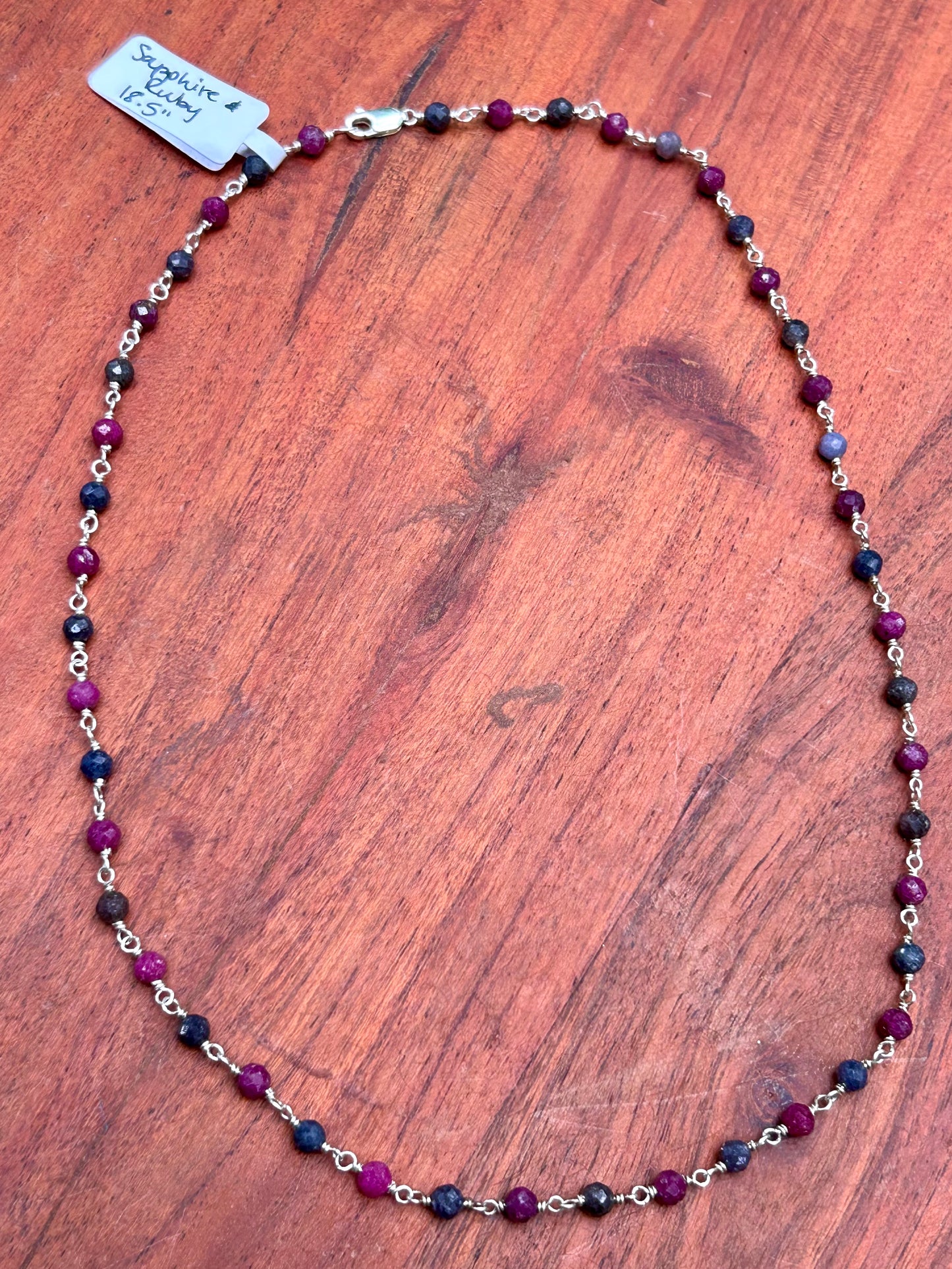 Ruby & Sapphire Gemstone Sterling Silver Chain Link Wire Wrapped Necklace