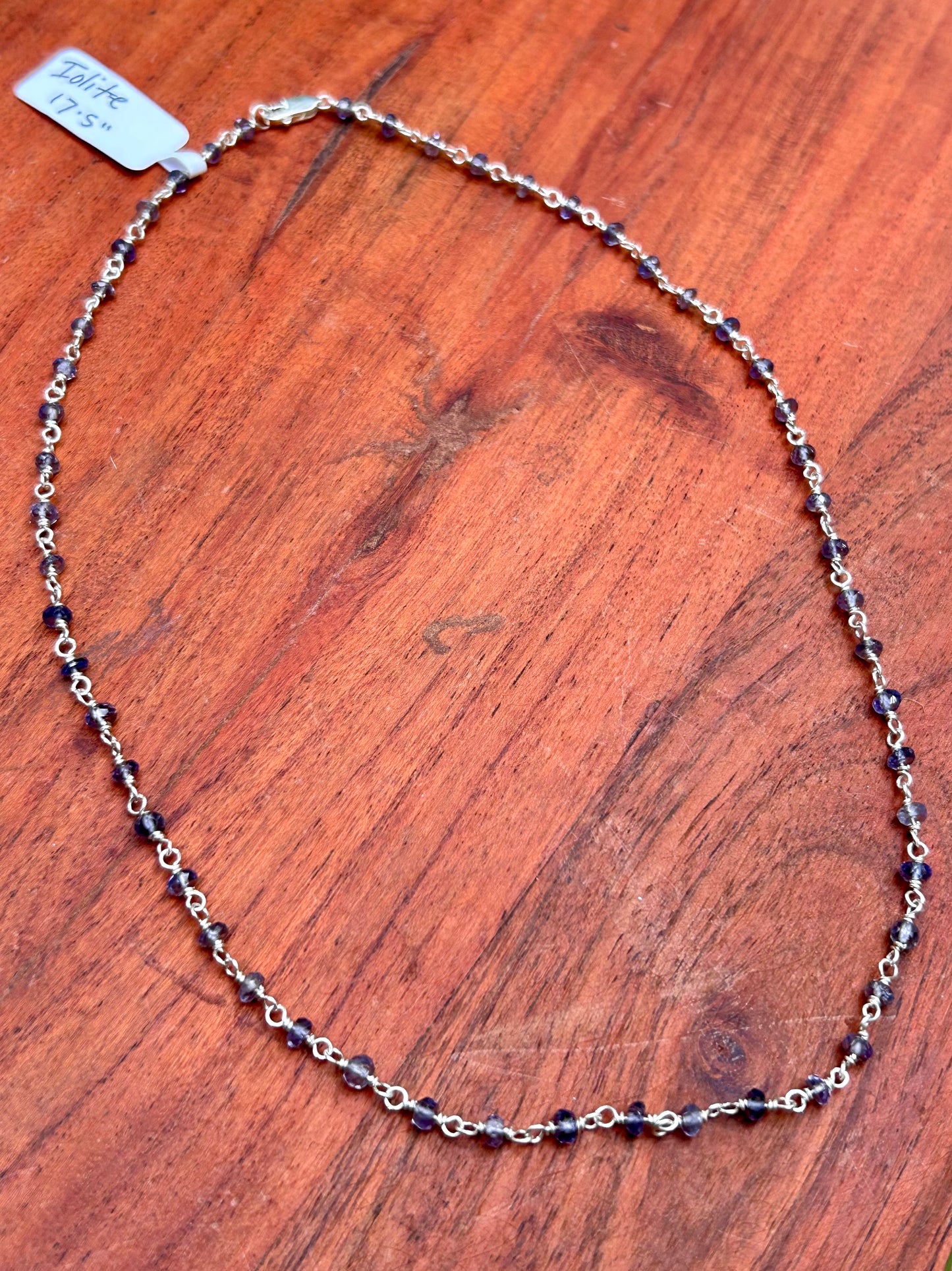 Iolite Gemstone Sterling Silver Chain Link Wire Wrapped Necklace