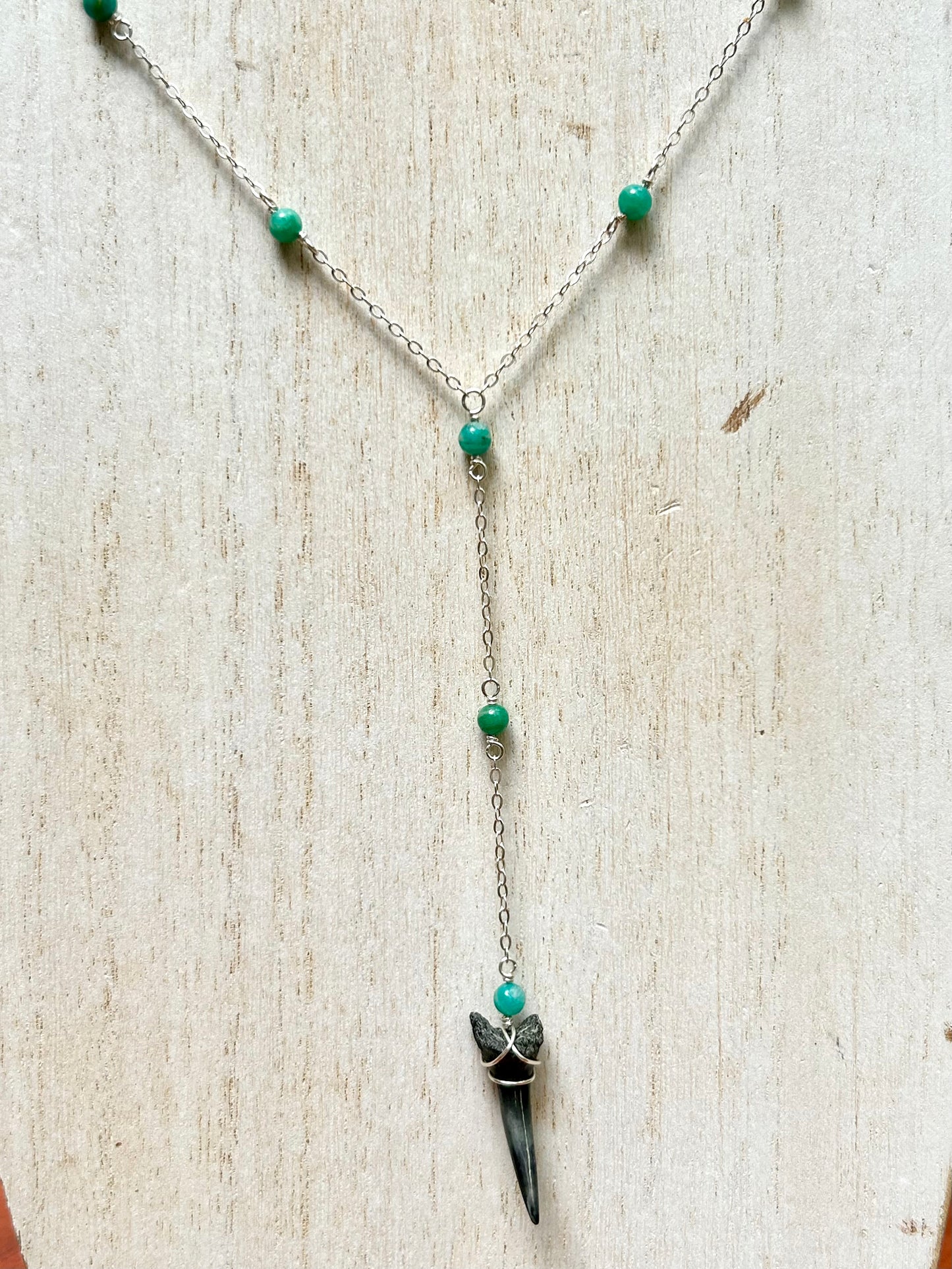 Shark Tooth Fossil with Amazonite Gemstone Sterling Silver Satellite Chain Wire Wrapped Lariat Necklace