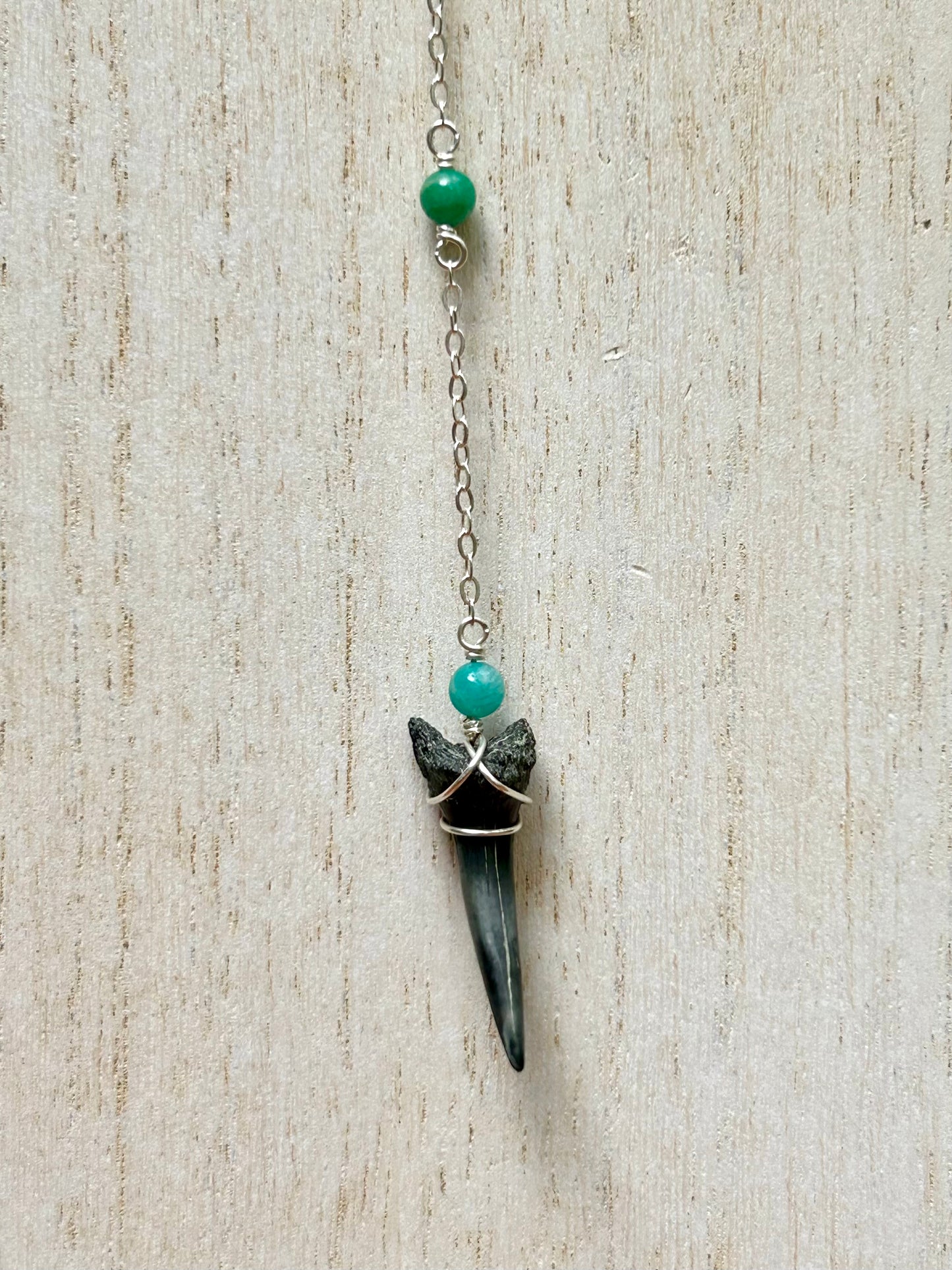 Shark Tooth Fossil with Amazonite Gemstone Sterling Silver Satellite Chain Wire Wrapped Lariat Necklace