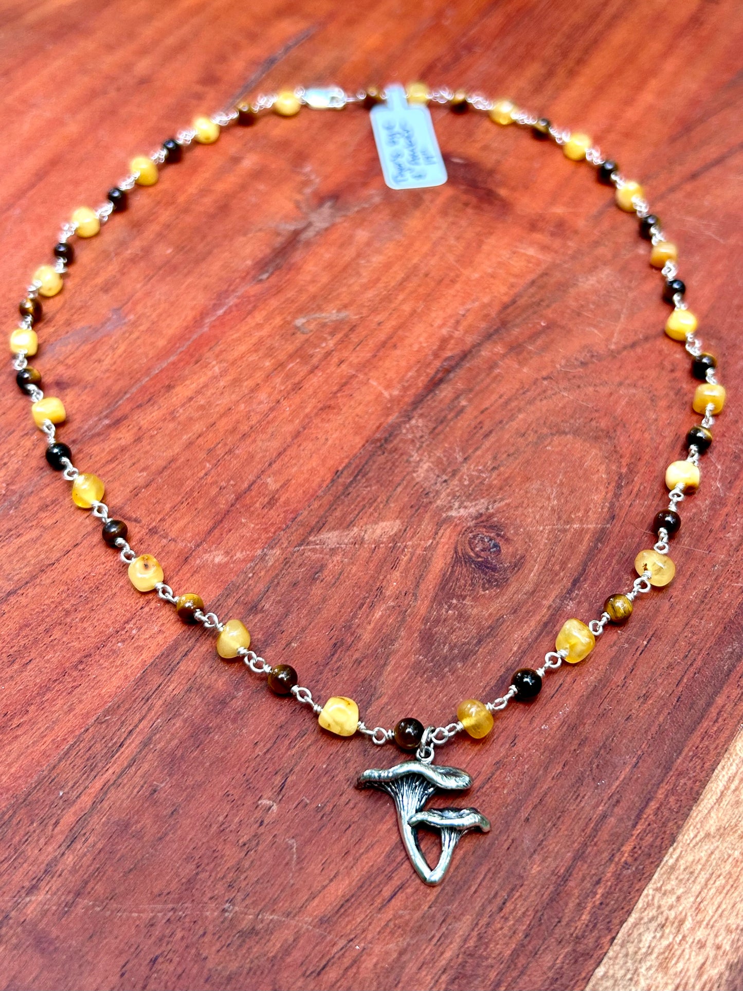 Chanterelle Mushroom with Amber & Tiger’s Eye Gemstone Sterling Silver Chain Link Wire Wrapped Necklace