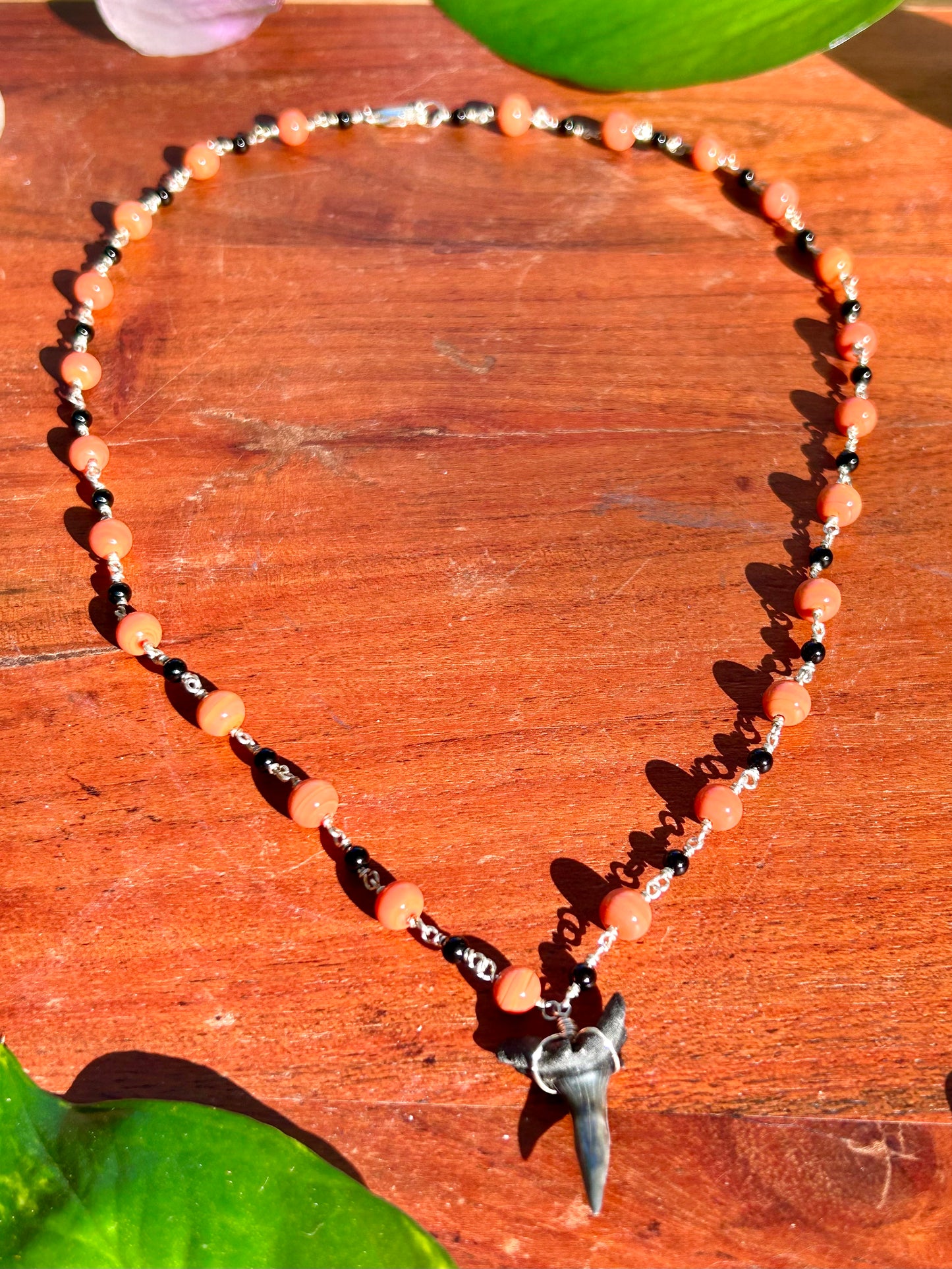 Shark Tooth Fossil with Coral & Black Onyx Sterling Silver Chain Link Wire Wrapped Necklace