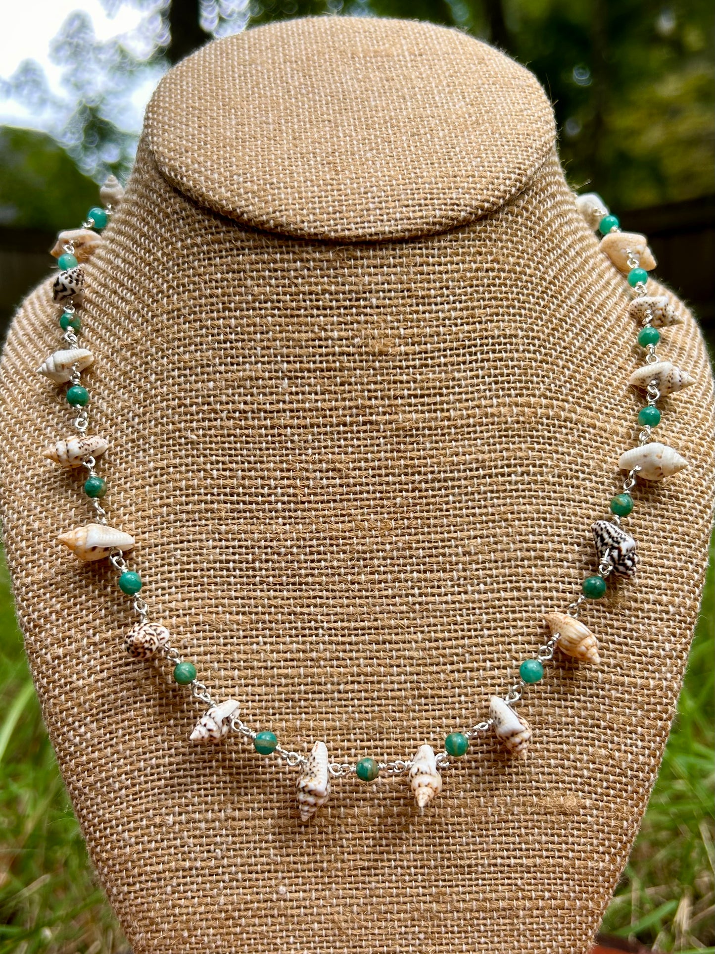 Shells & Amazonite Gemstone Sterling Silver Chain Link Wire Wrapped Necklace