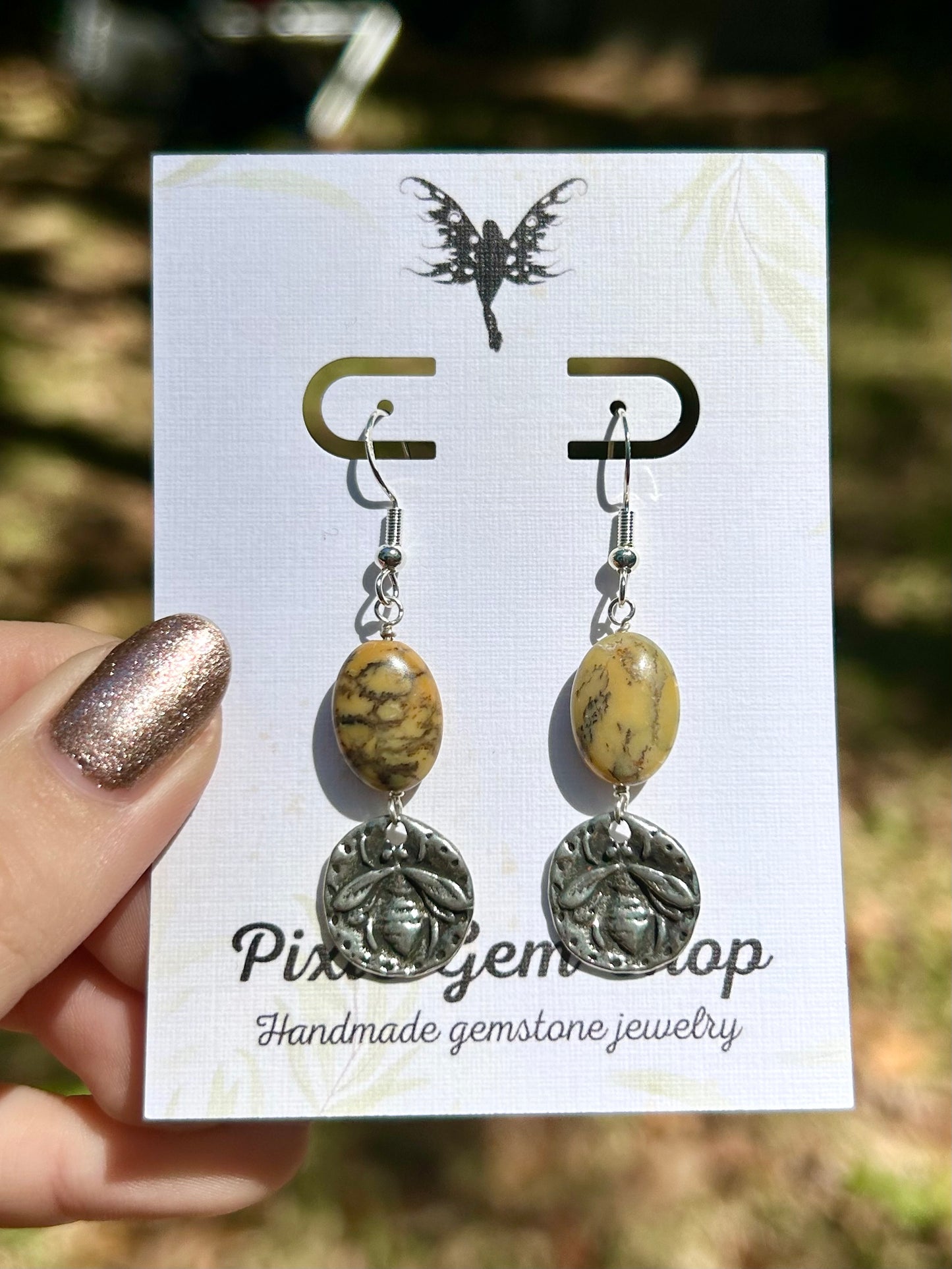 Bees & Yellow Jasper Gemstone Sterling Silver Dangly Earrings