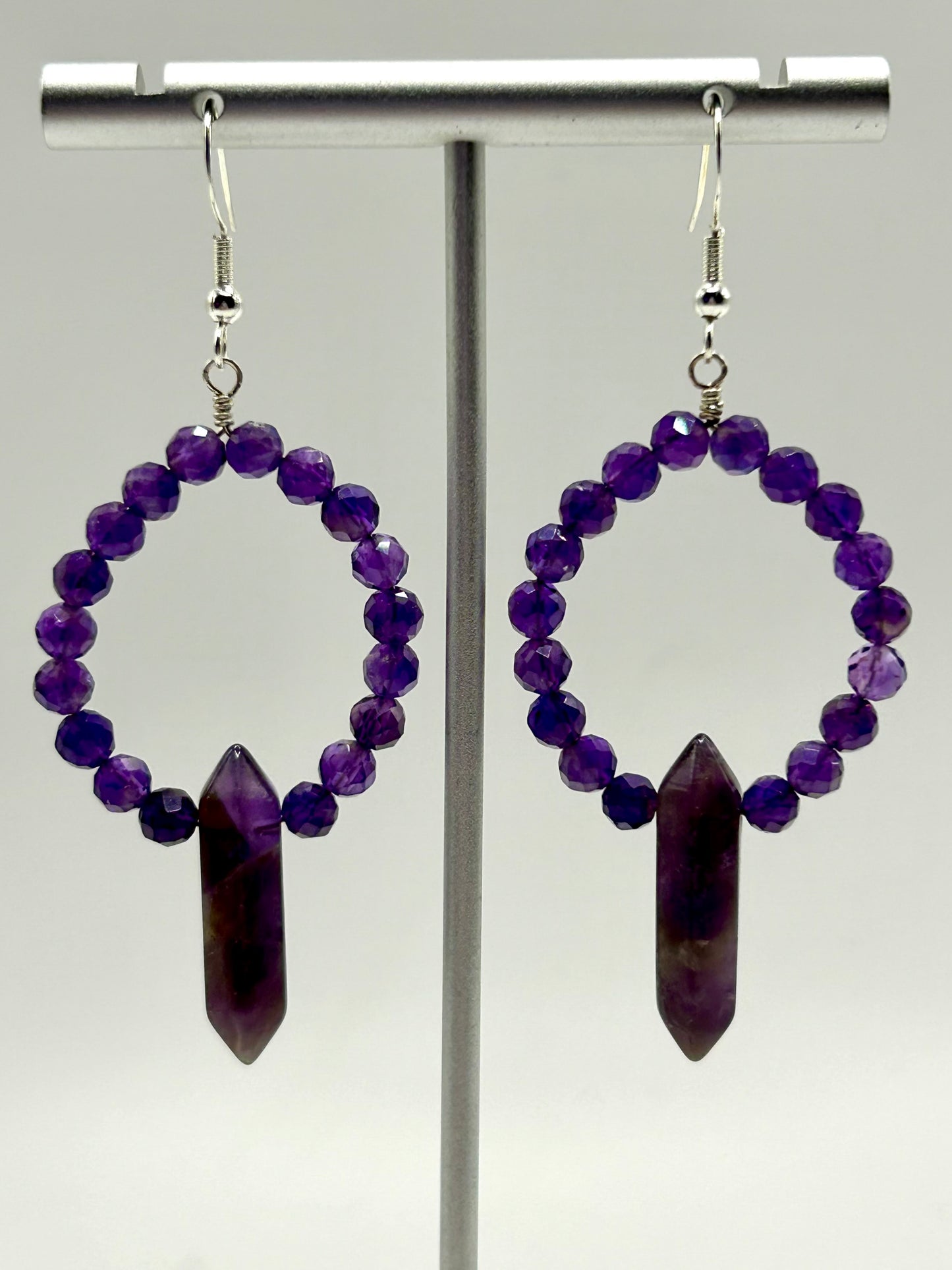 Amethyst Gemstone Sterling Silver Dangly Hoop Earrings