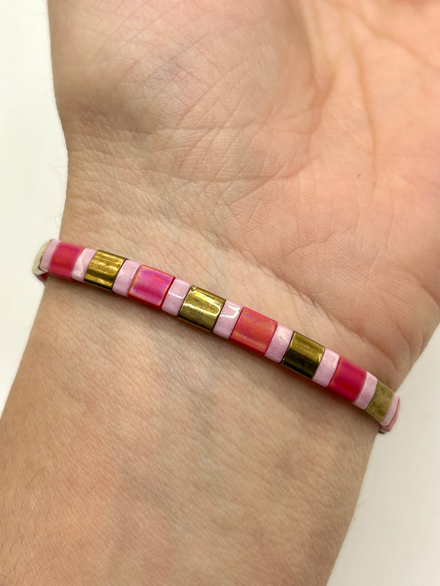 Raspberry Bloom Tila Glass Bead Elastic Bracelet Collection