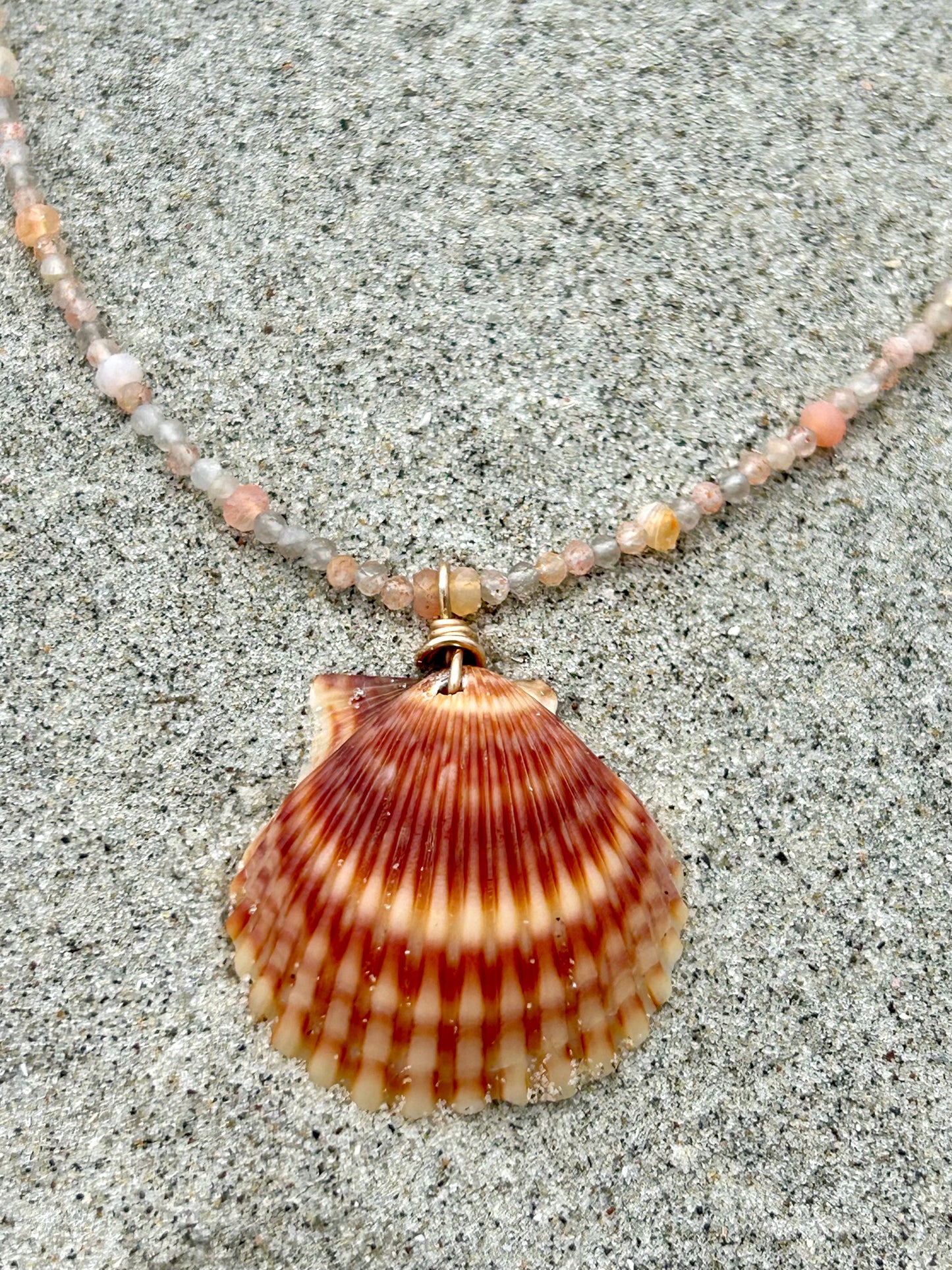 Scallop Shell, Moonstone & Botswana Agate Gemstone Beaded Necklace