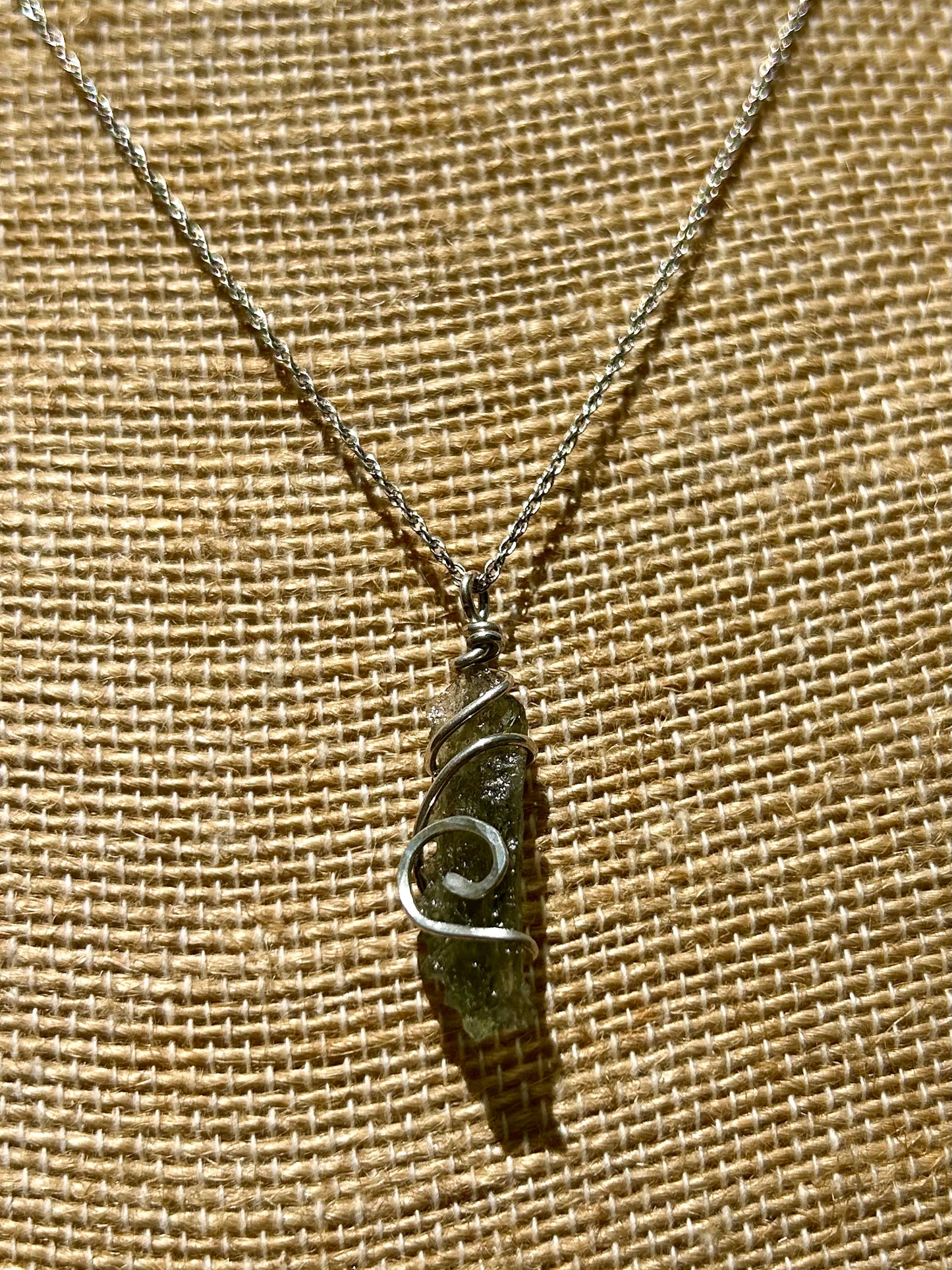 Moldavite Sterling Silver Wire Wrapped Simple Pendant Necklace