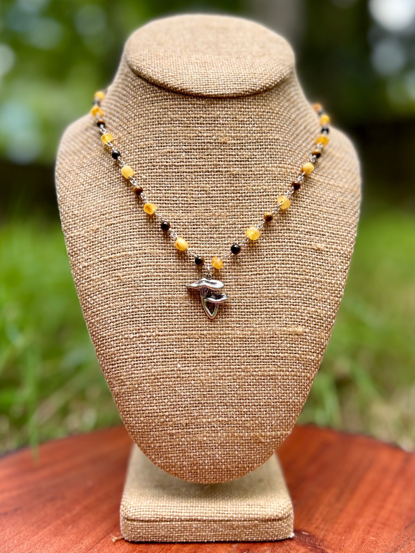 Chanterelle Mushroom with Amber & Tiger’s Eye Gemstone Sterling Silver Chain Link Wire Wrapped Necklace