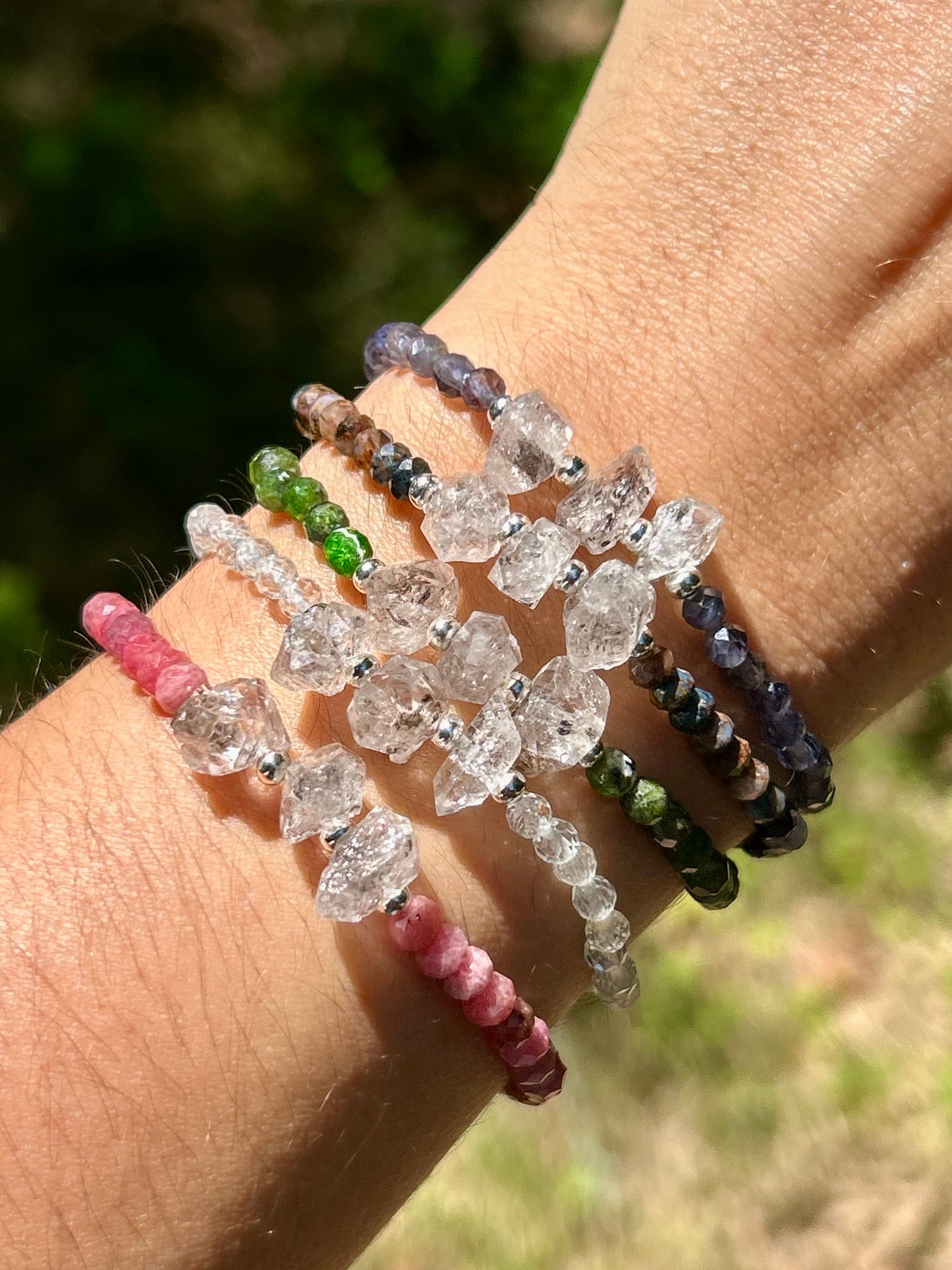 Genuine Herkimer Diamond Gemstone Beaded Bracelet with 925 Sterling Silver Spacer Beads (Iolite/Pietersite/Alalite/Topaz/Rhodonite)