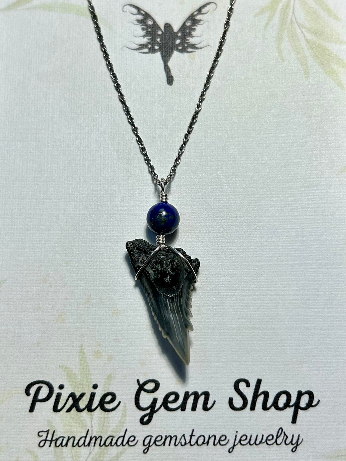 Shark Tooth Fossil & Gemstone Pendant Simple Sterling Silver Chain Necklace (Ruby/Carnelian/Jade/Apatite/Lapis Lazuli/Ametrine/Pearl)