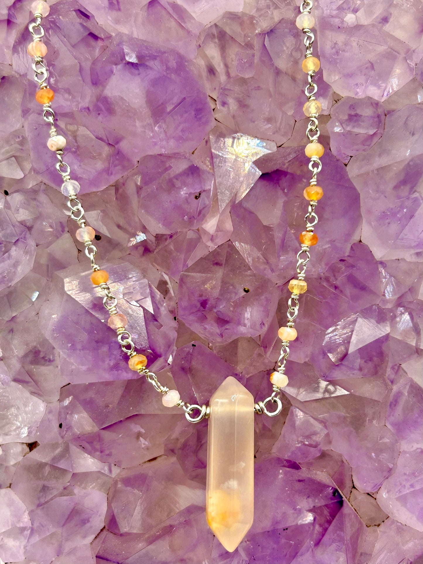 Botswana Agate & Flower Agate Gemstone Sterling Silver Chain Link Wire Wrapped Necklace