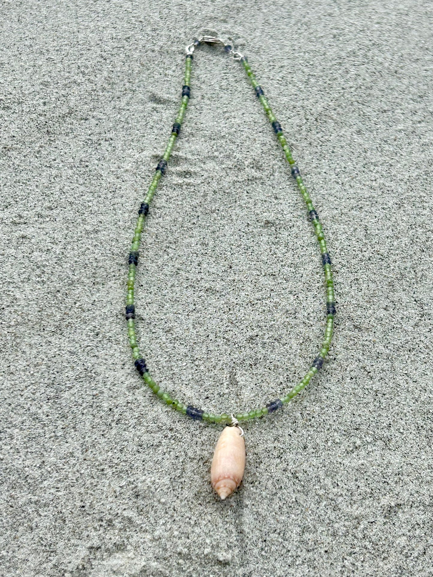 Olive Shell, Nephrite Jade & Iolite Gemstone Beaded Necklace Sterling Silver