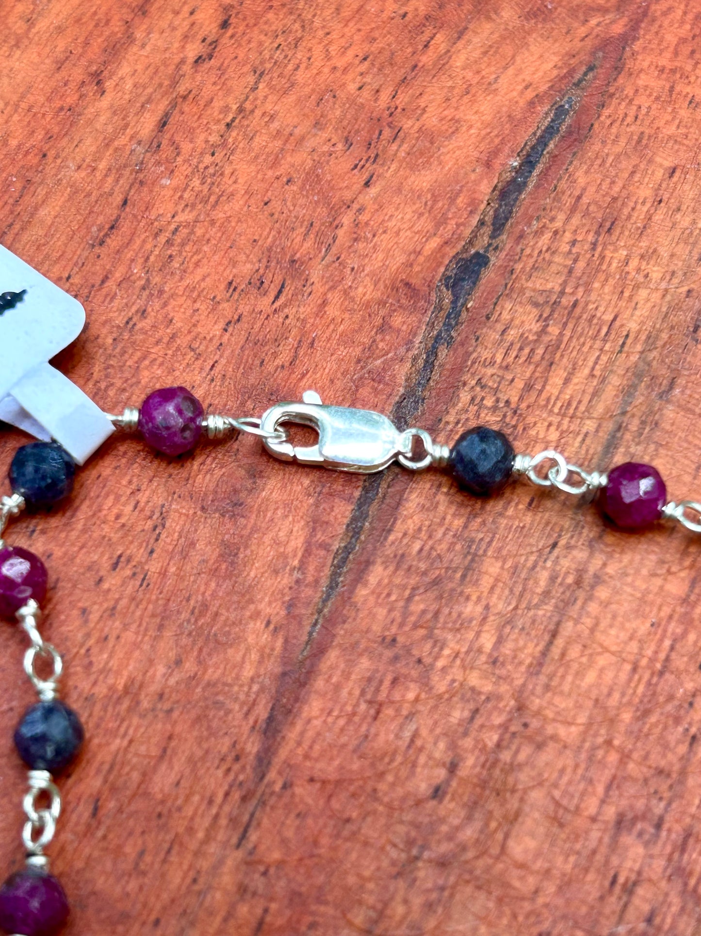 Ruby & Sapphire Gemstone Sterling Silver Chain Link Wire Wrapped Necklace