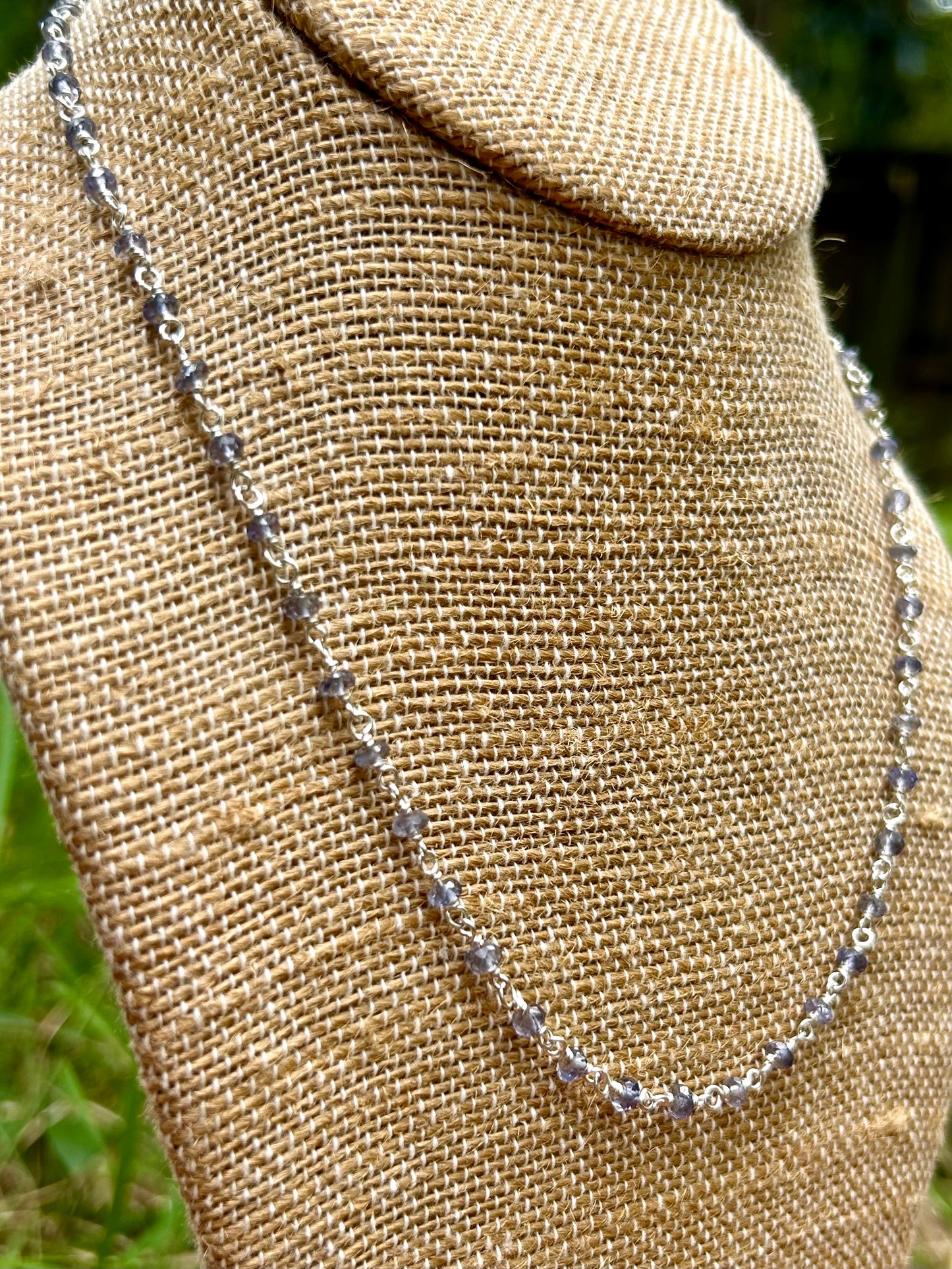 Iolite Gemstone Sterling Silver Chain Link Wire Wrapped Necklace