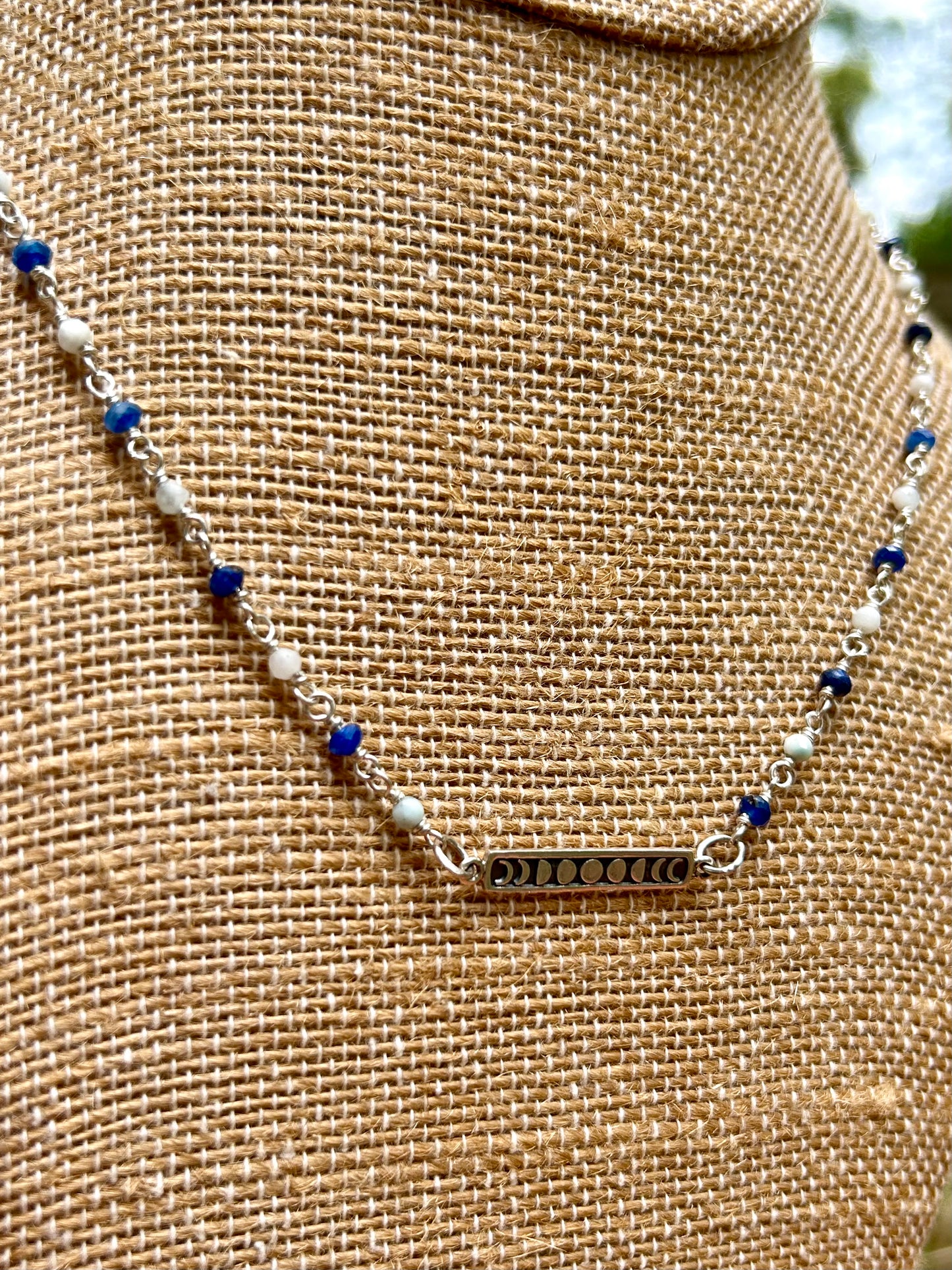 Moon Phases with Kyanite & Larimar Gemstone Sterling Silver Chain Link Wire Wrapped Necklace