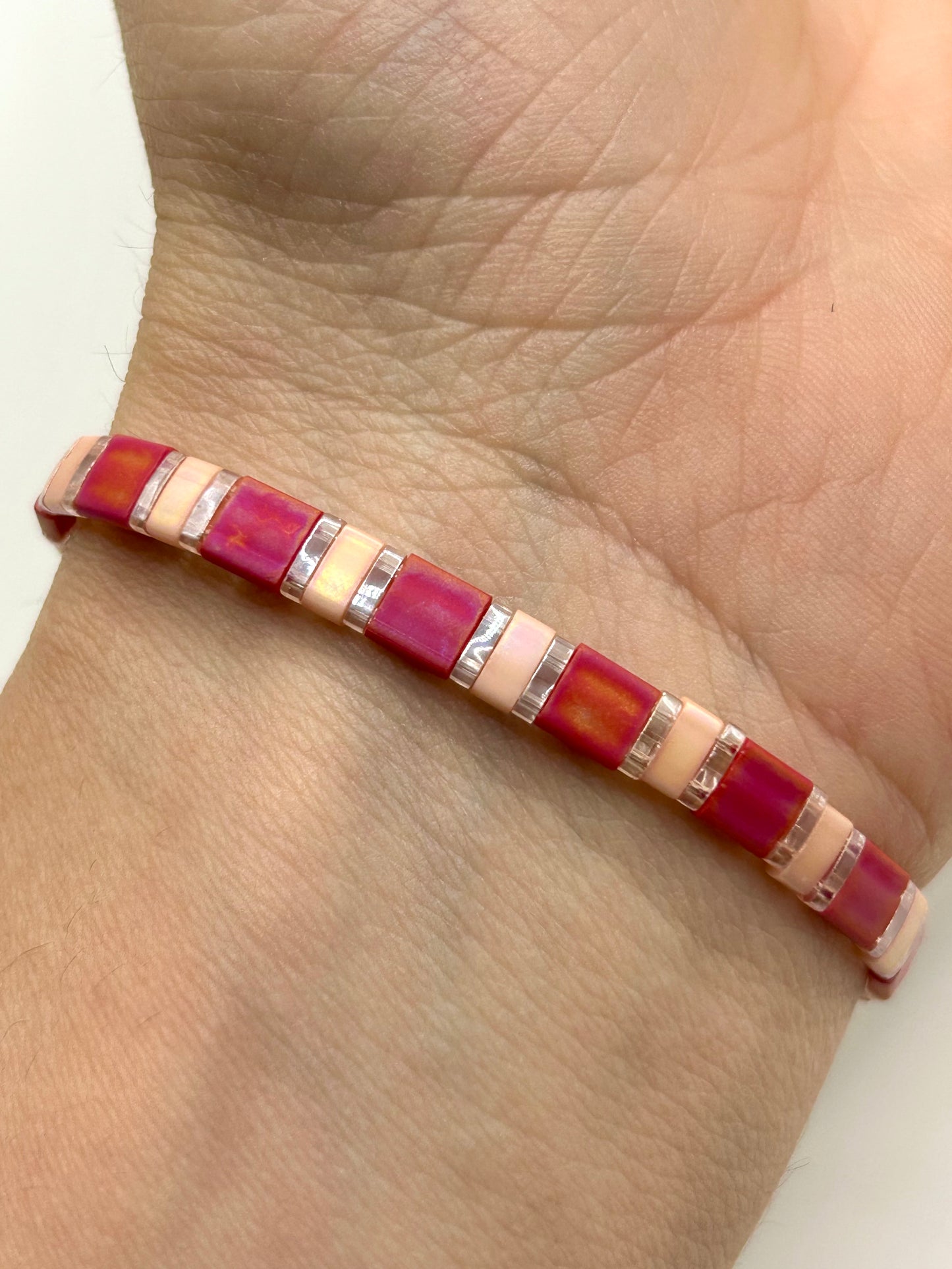 Raspberry Bloom Tila Glass Bead Elastic Bracelet Collection